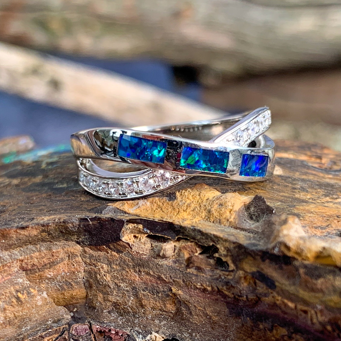 Sterling Silver Opal cross over inlay ring - Masterpiece Jewellery Opal & Gems Sydney Australia | Online Shop