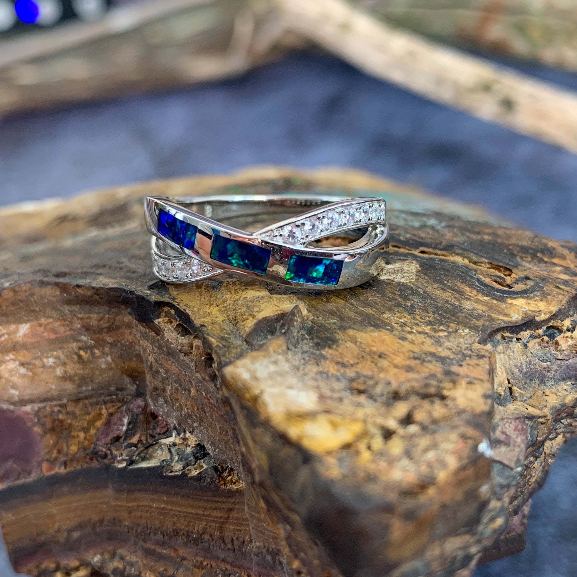 Sterling Silver Opal cross over inlay ring - Masterpiece Jewellery Opal & Gems Sydney Australia | Online Shop