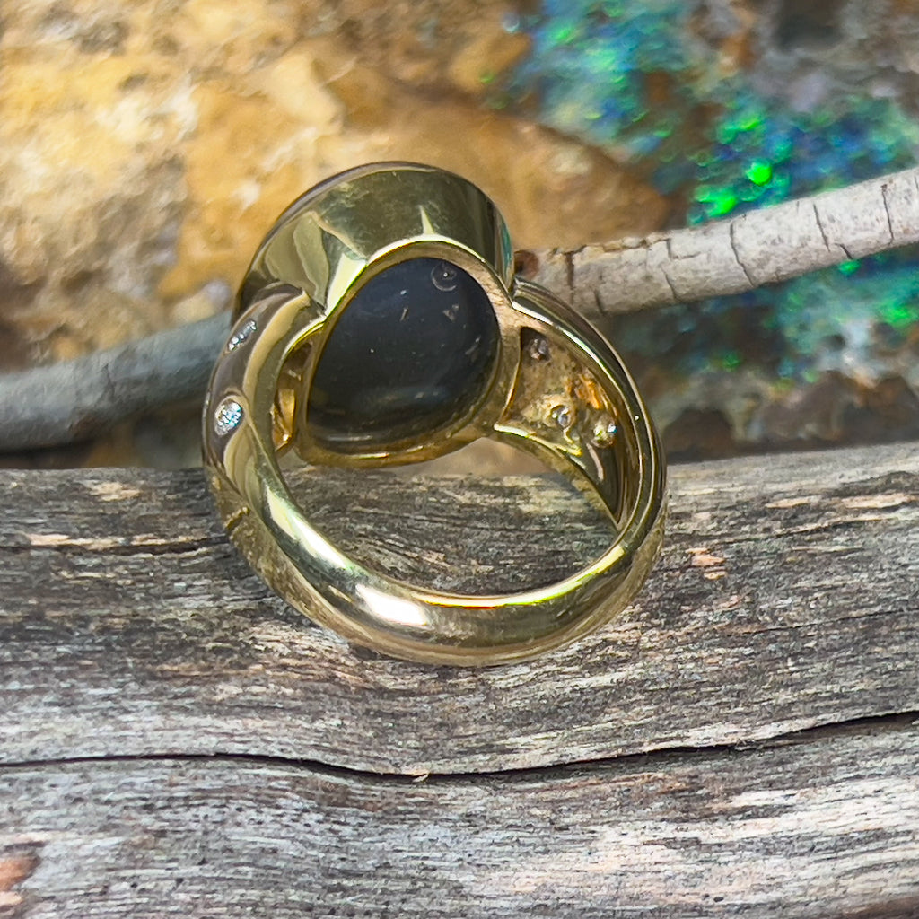 18kt Yellow Gold bezel set band Black Opal 6.05ct and diamonds flush set ring - Masterpiece Jewellery Opal & Gems Sydney Australia | Online Shop