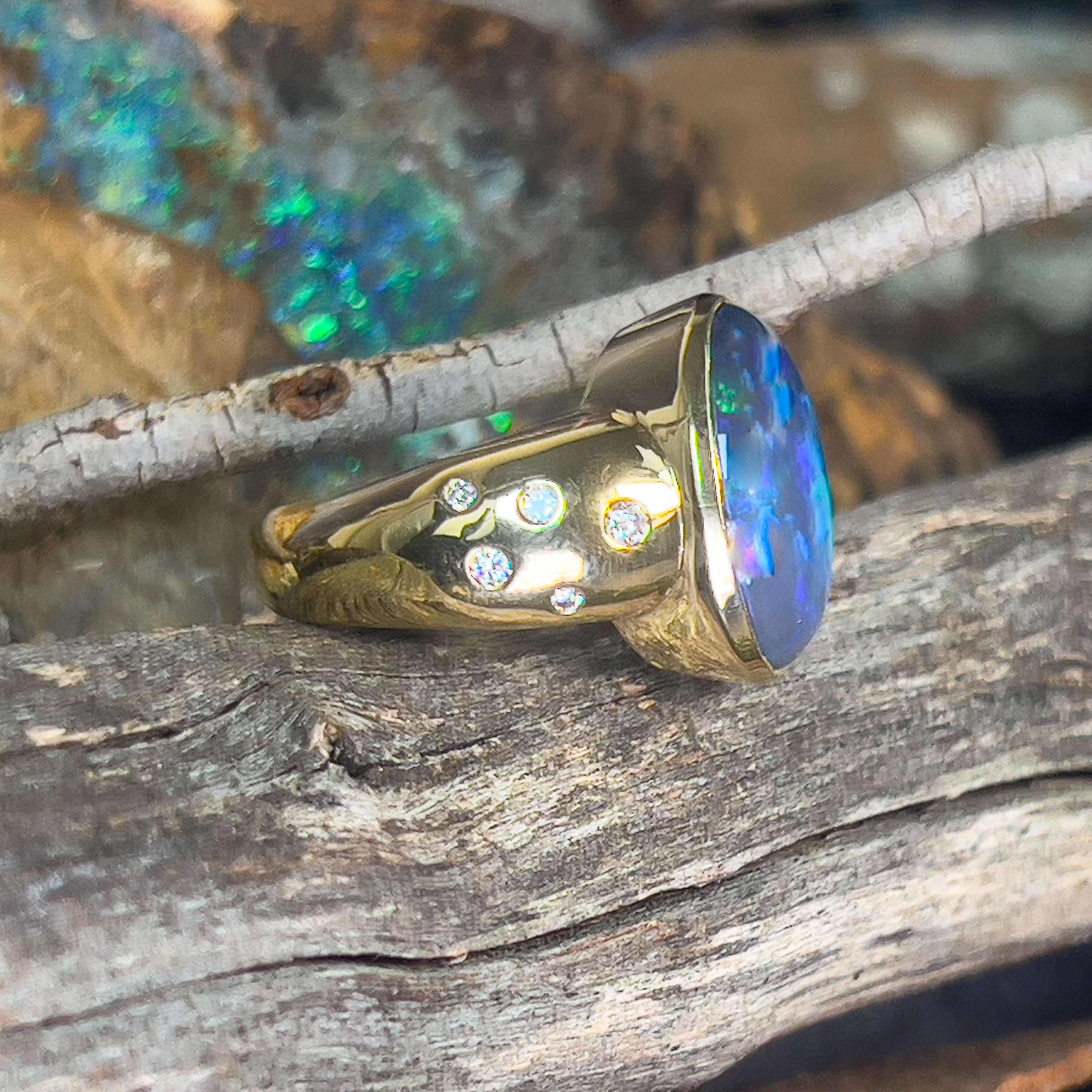 18kt Yellow Gold bezel set band Black Opal 6.05ct and diamonds flush set ring - Masterpiece Jewellery Opal & Gems Sydney Australia | Online Shop