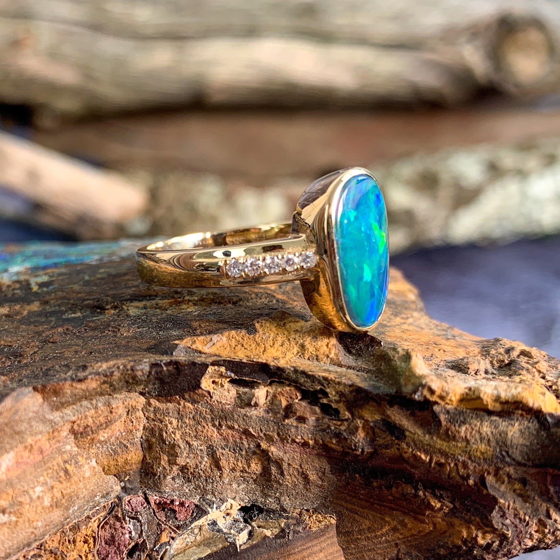 14kt Yellow Gold Oval shaped opal doublet and diamond ring - Masterpiece Jewellery Opal & Gems Sydney Australia | Online Shop