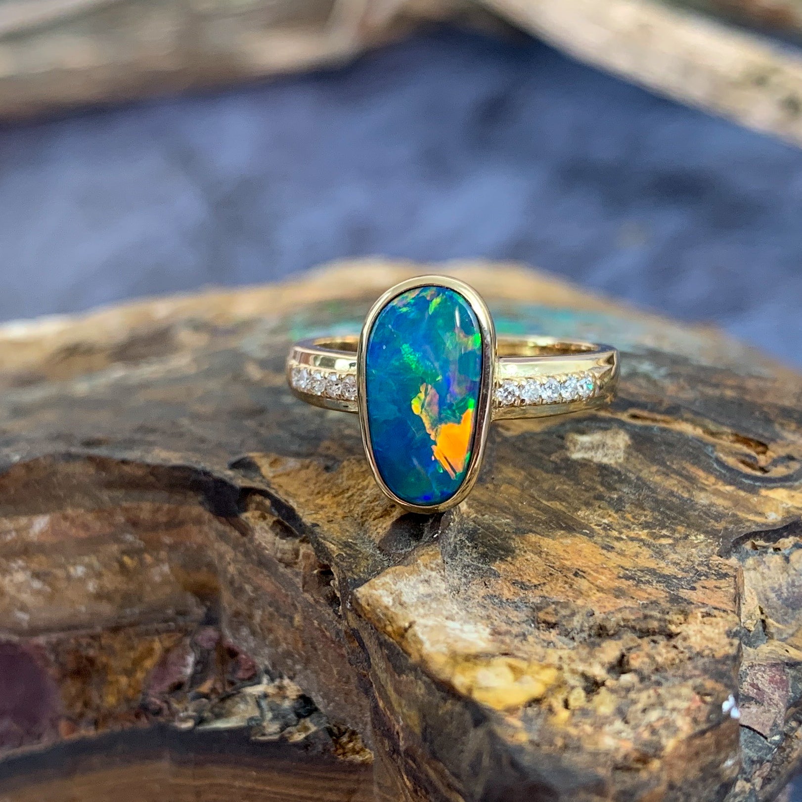 14kt Yellow Gold Oval shaped opal doublet and diamond ring - Masterpiece Jewellery Opal & Gems Sydney Australia | Online Shop