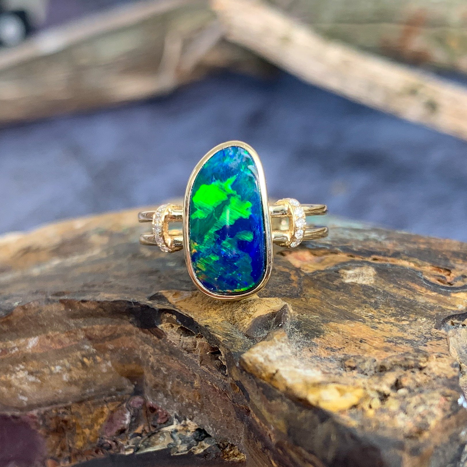 14kt Yellow Gold double row shank with one Opal doublet Blue Green and diamond ring - Masterpiece Jewellery Opal & Gems Sydney Australia | Online Shop