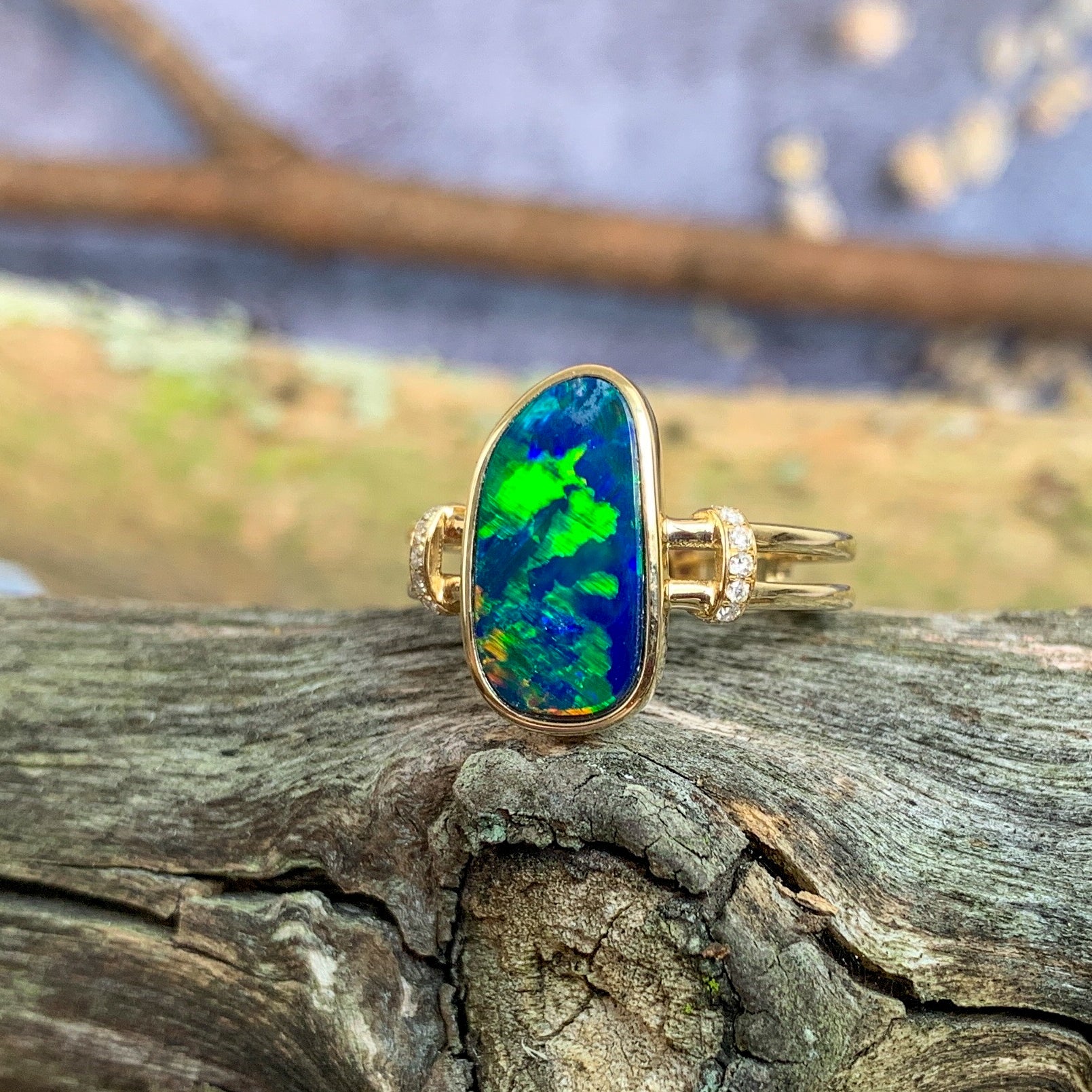 14kt Yellow Gold double row shank with one Opal doublet Blue Green and diamond ring - Masterpiece Jewellery Opal & Gems Sydney Australia | Online Shop