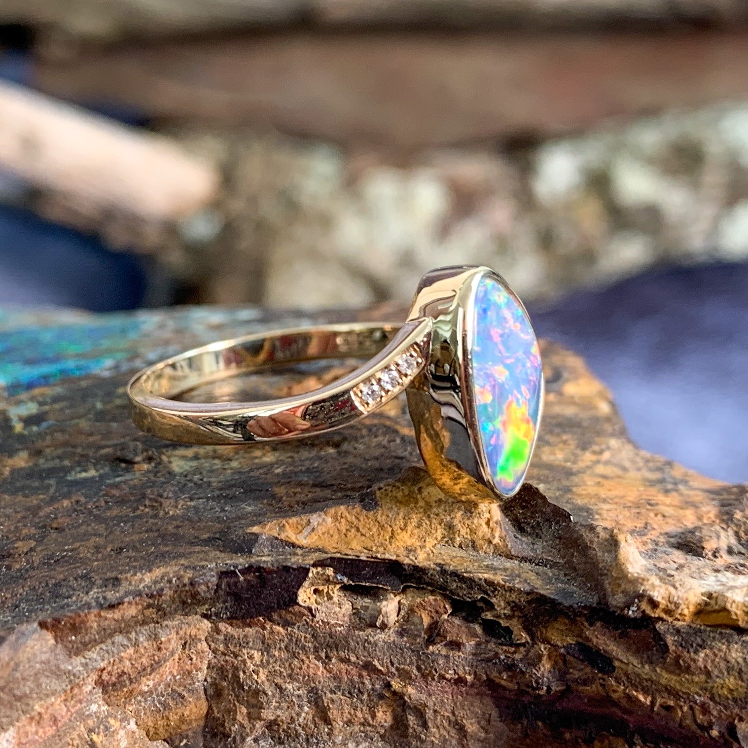 14kt Yellow Gold cross over Opal doublet and diamond ring - Masterpiece Jewellery Opal & Gems Sydney Australia | Online Shop