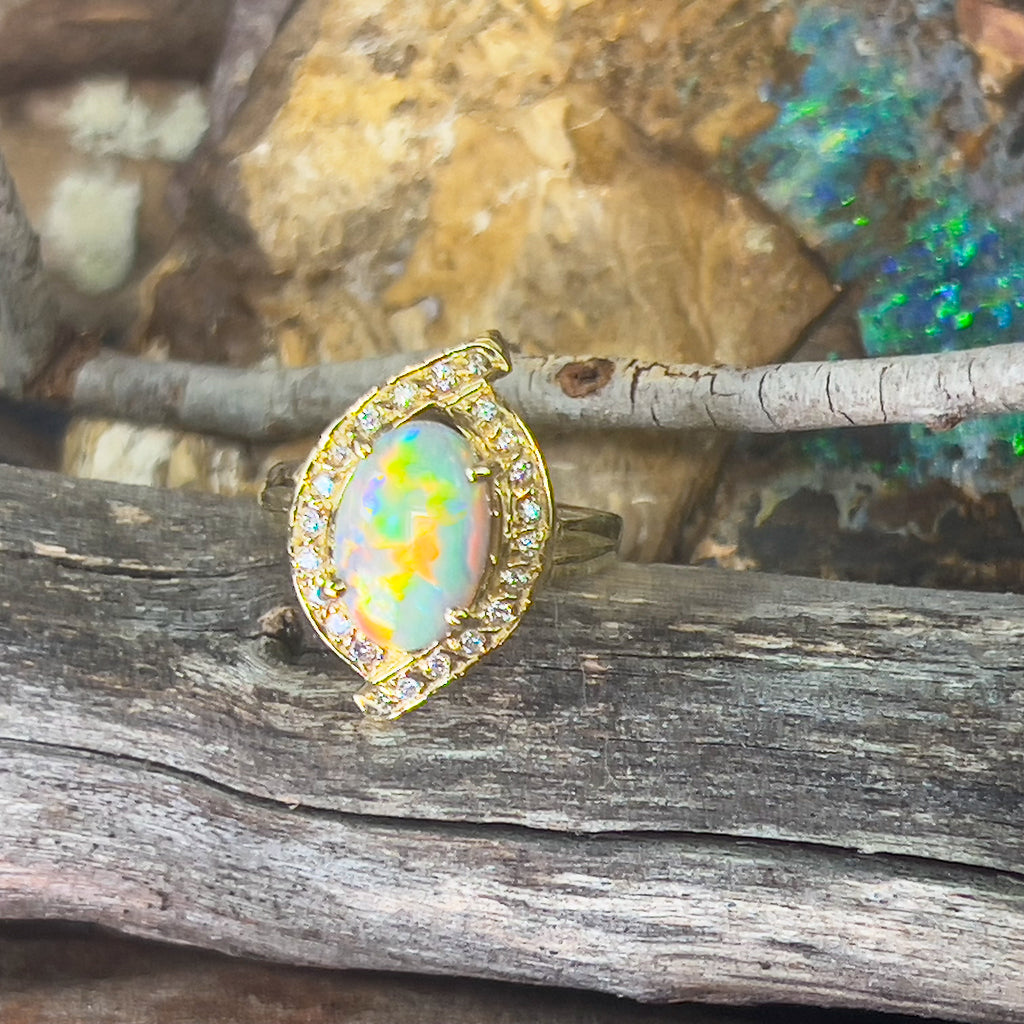 18kt Yellow Gold cluser cross over Black Opal 3.14ct Red flash diamond ring - Masterpiece Jewellery Opal & Gems Sydney Australia | Online Shop