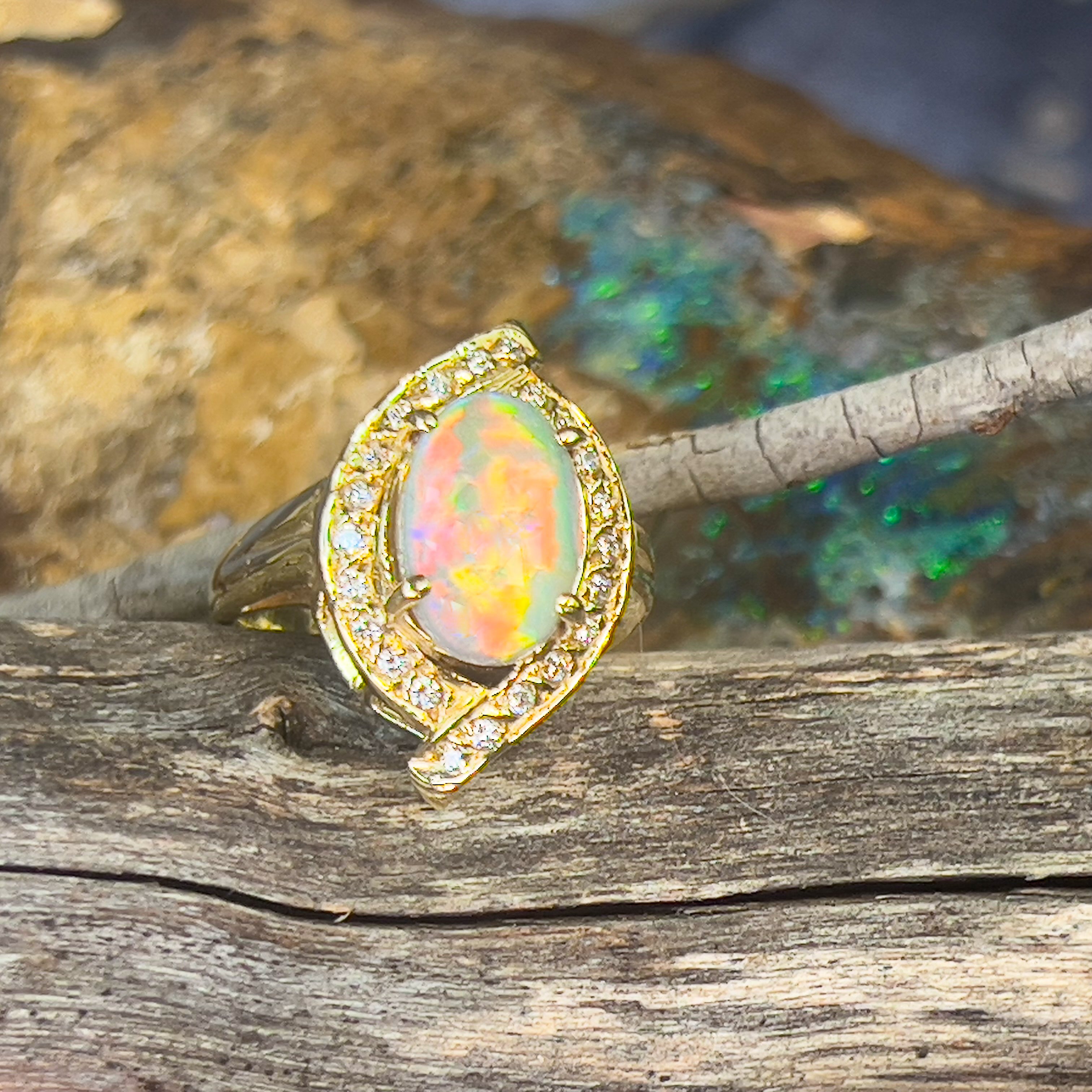 18kt Yellow Gold cluser cross over Black Opal 3.14ct Red flash diamond ring - Masterpiece Jewellery Opal & Gems Sydney Australia | Online Shop