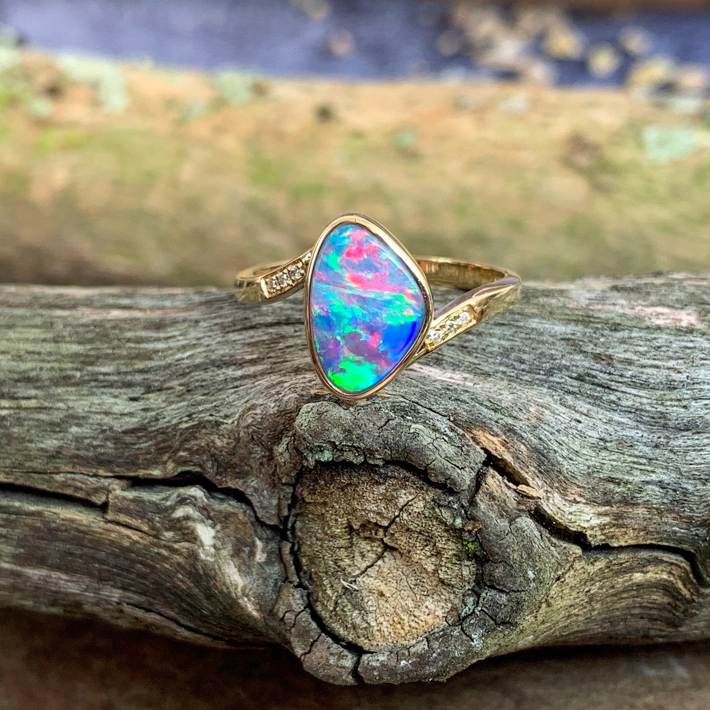 14kt Yellow Gold cross over Opal doublet and diamond ring - Masterpiece Jewellery Opal & Gems Sydney Australia | Online Shop