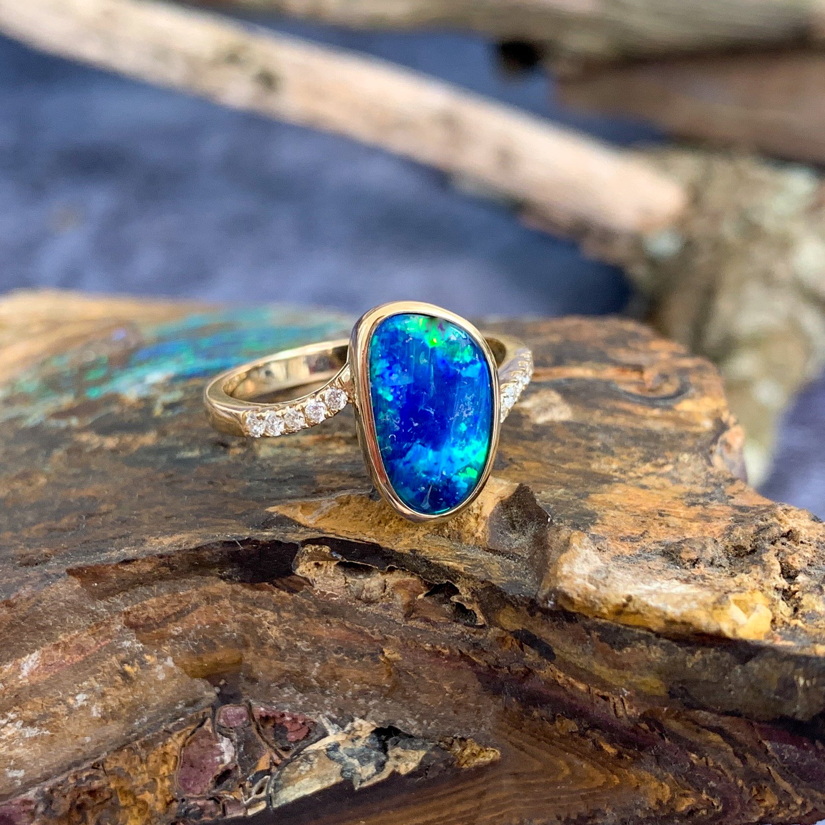 14kt Yellow Gold Opal Blue Green doublet and diamond ring - Masterpiece Jewellery Opal & Gems Sydney Australia | Online Shop