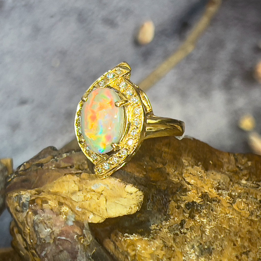 18kt Yellow Gold cluser cross over Black Opal 3.14ct Red flash diamond ring - Masterpiece Jewellery Opal & Gems Sydney Australia | Online Shop