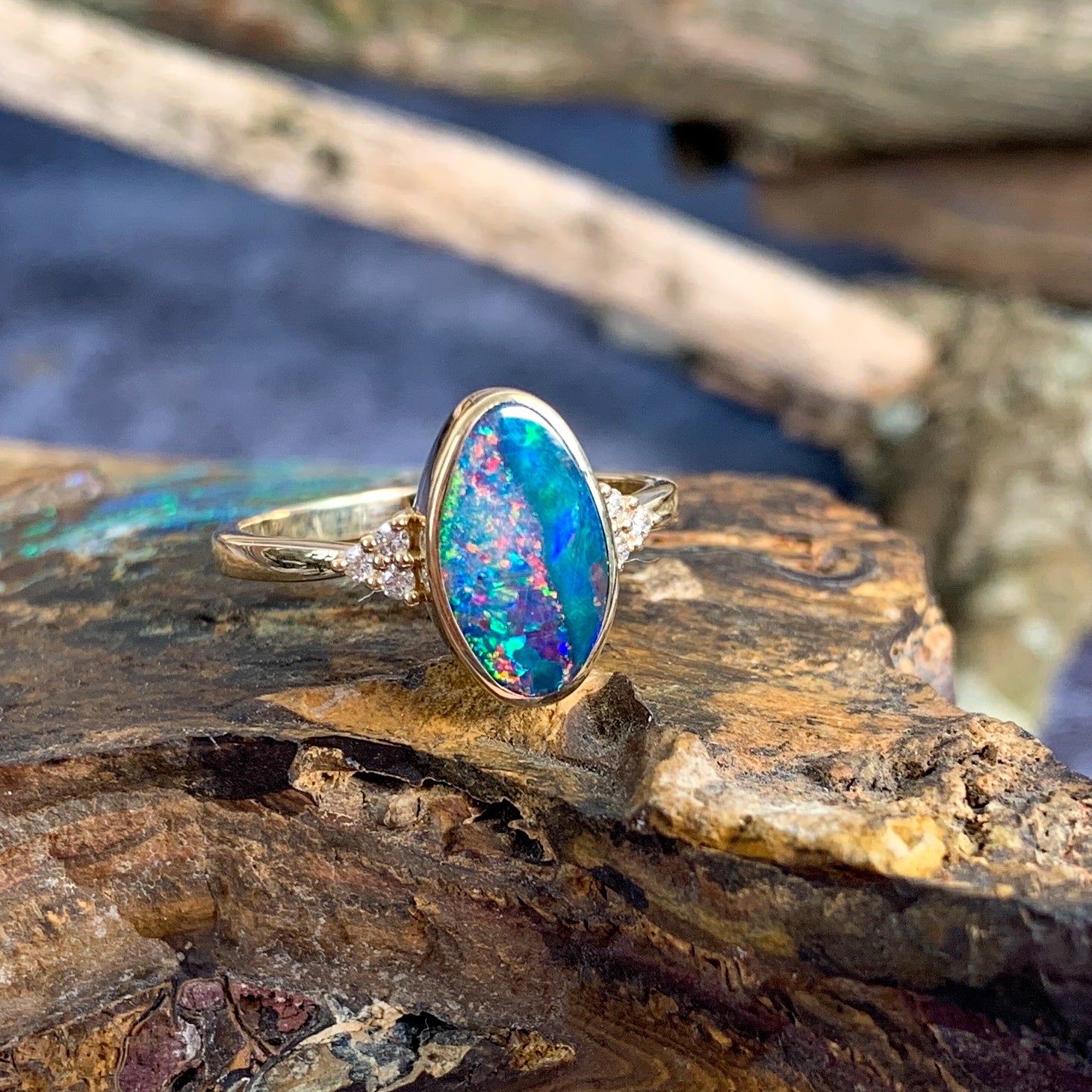 One 14kt Yellow Gold Oval freeform Red and Green Opal doublet with diamonds ring - Masterpiece Jewellery Opal & Gems Sydney Australia | Online Shop