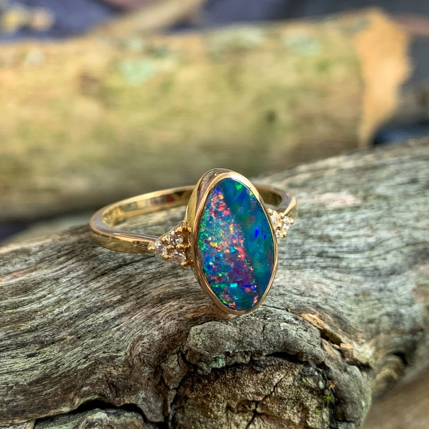 One 14kt Yellow Gold Oval freeform Red and Green Opal doublet with diamonds ring - Masterpiece Jewellery Opal & Gems Sydney Australia | Online Shop