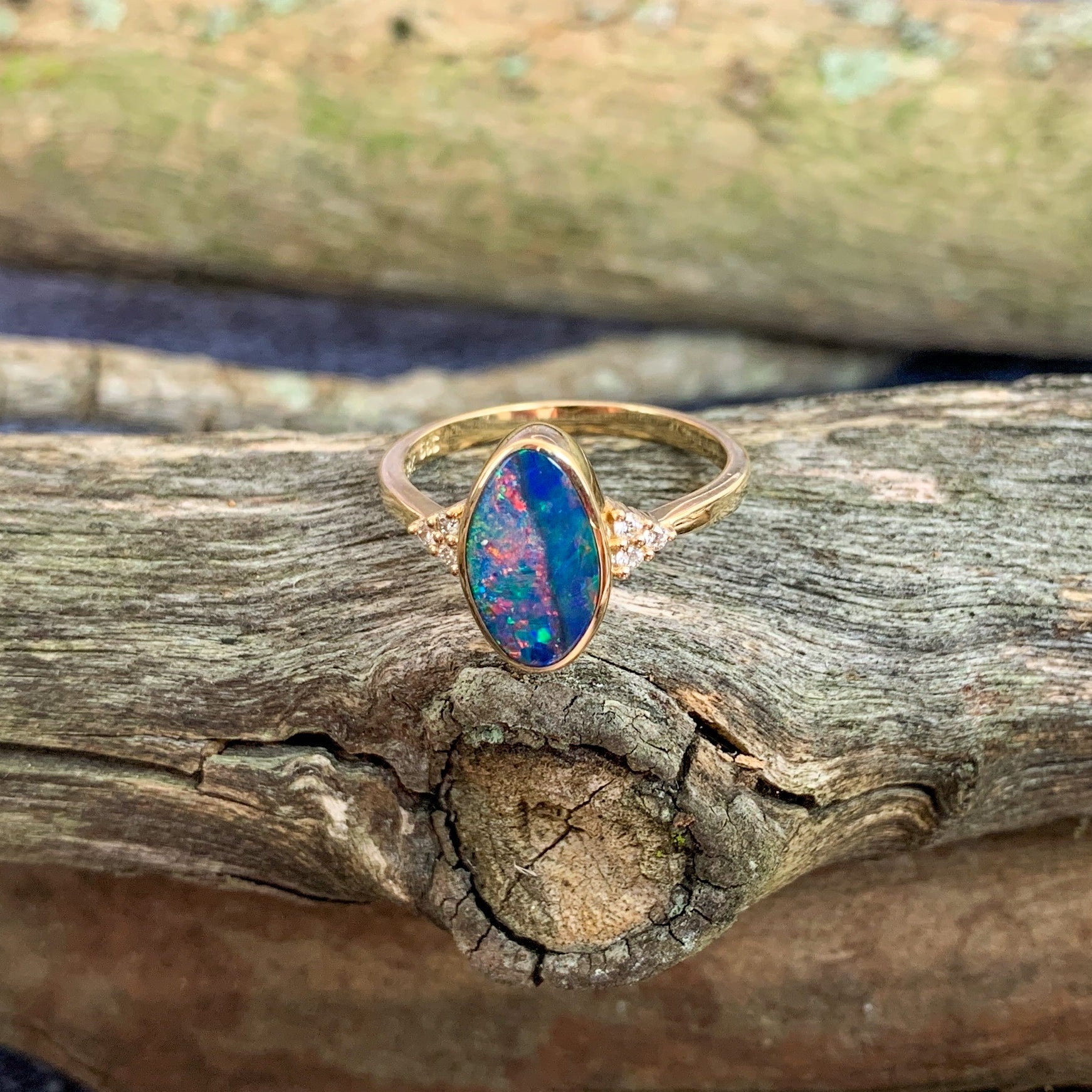 One 14kt Yellow Gold Oval freeform Red and Green Opal doublet with diamonds ring - Masterpiece Jewellery Opal & Gems Sydney Australia | Online Shop