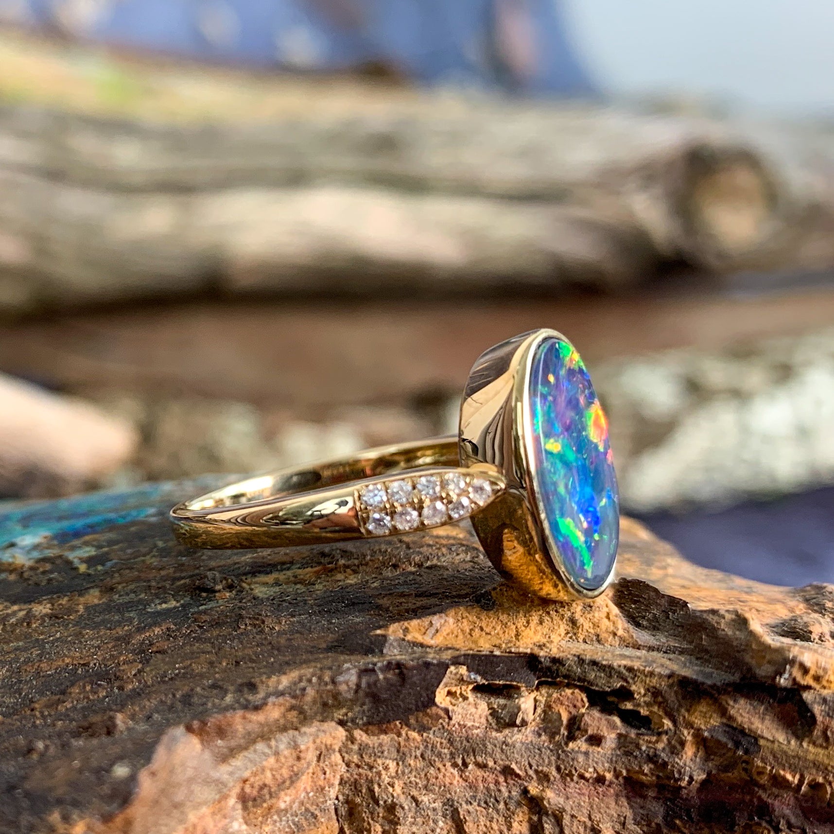 14kt Yellow Gold Oval Fire Opal doublet and diamond ring - Masterpiece Jewellery Opal & Gems Sydney Australia | Online Shop