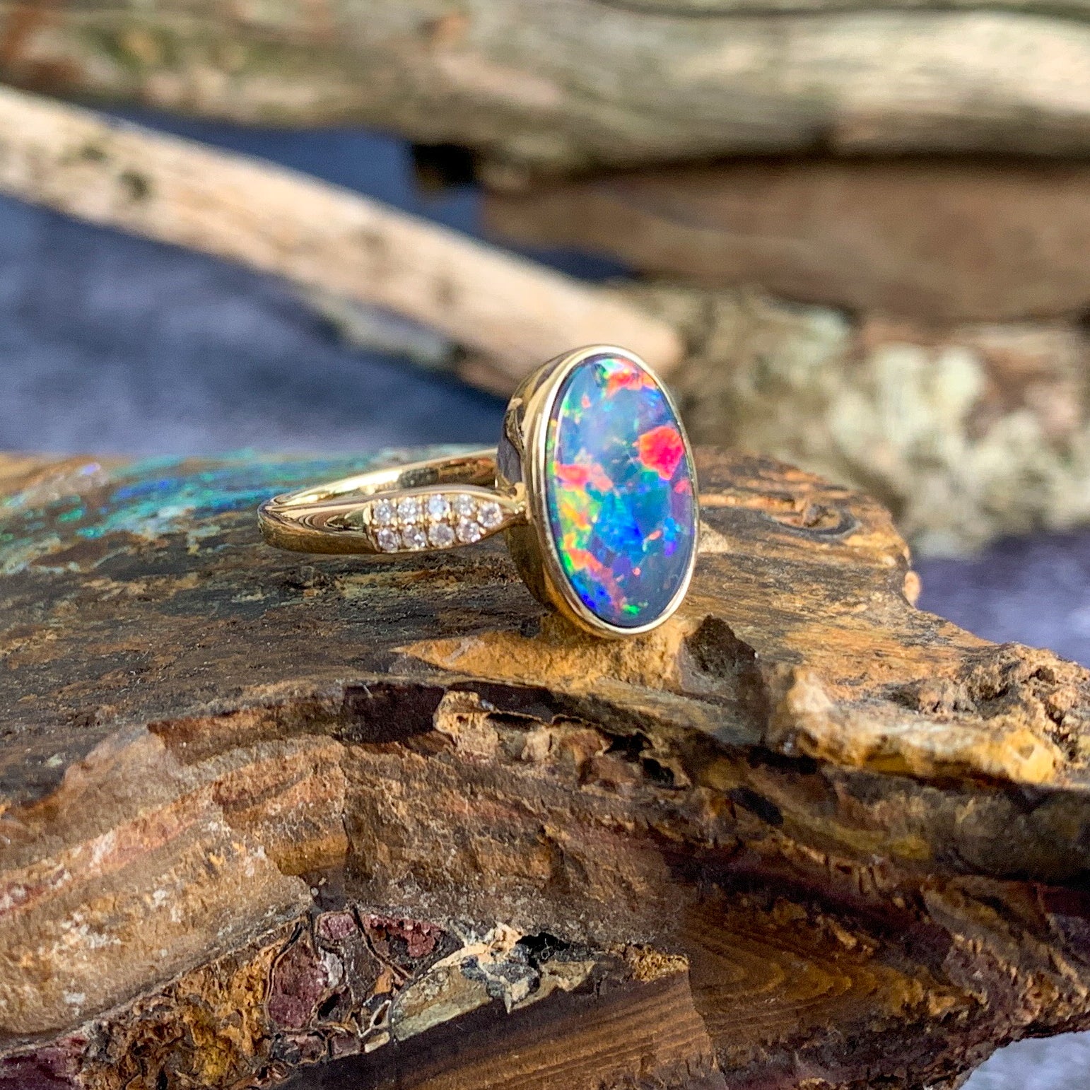 14kt Yellow Gold Oval Fire Opal doublet and diamond ring - Masterpiece Jewellery Opal & Gems Sydney Australia | Online Shop