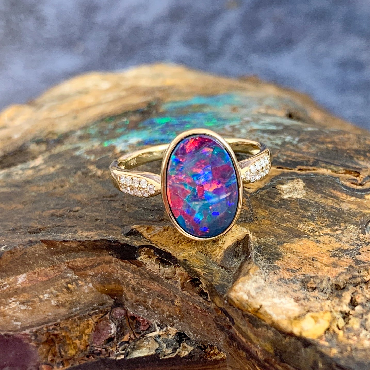 14kt Yellow Gold Oval Fire Opal doublet and diamond ring - Masterpiece Jewellery Opal & Gems Sydney Australia | Online Shop