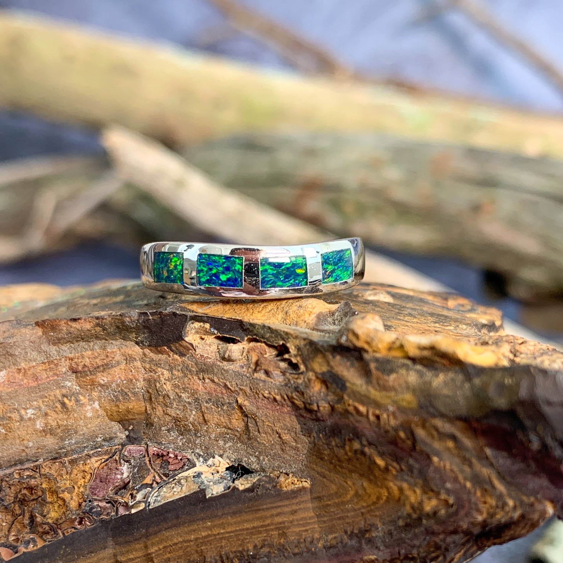 Sterling Silver Opal inlay wave band - Masterpiece Jewellery Opal & Gems Sydney Australia | Online Shop