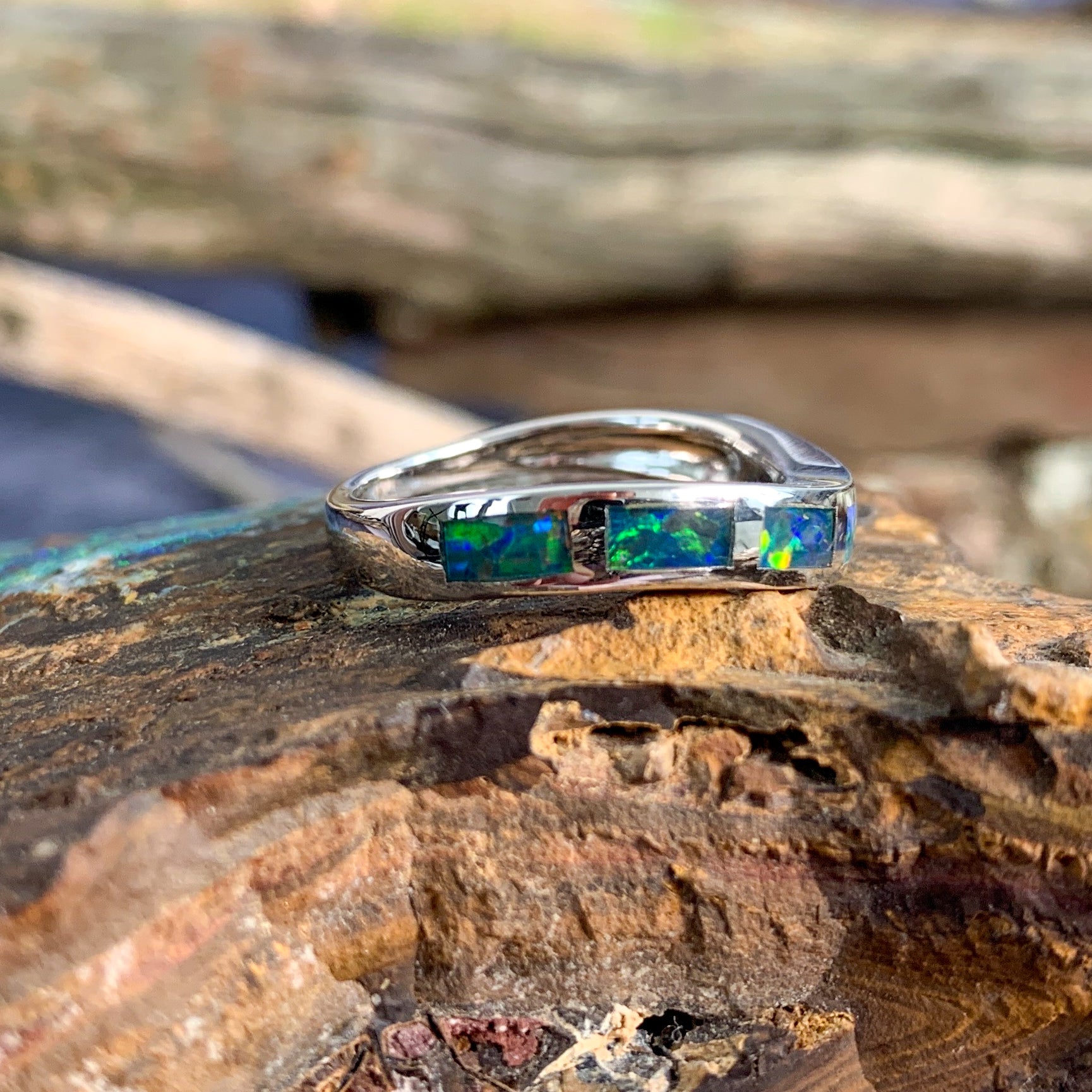 Sterling Silver Opal inlay wave band - Masterpiece Jewellery Opal & Gems Sydney Australia | Online Shop