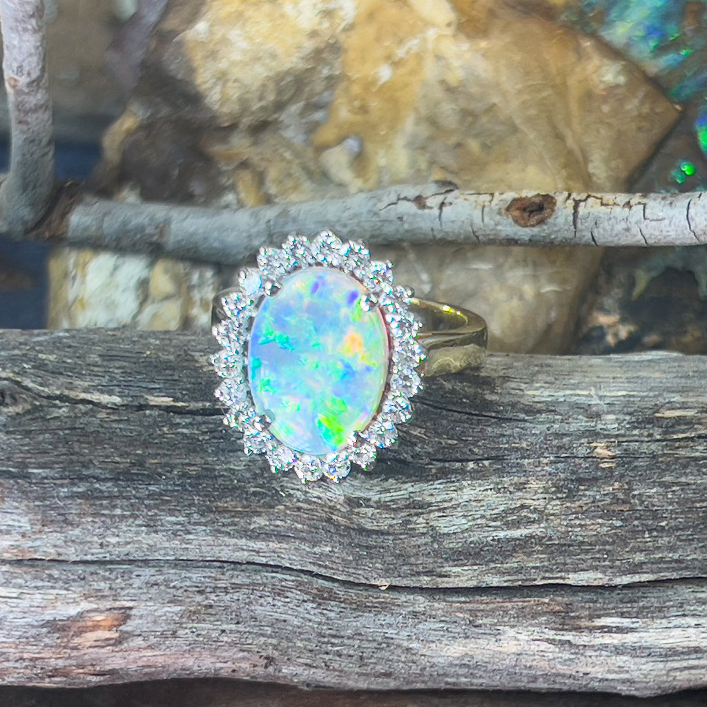 Platinum and 18kt Yellow Gold classic cluster ring with Black Opal and Diamonds - Masterpiece Jewellery Opal & Gems Sydney Australia | Online Shop