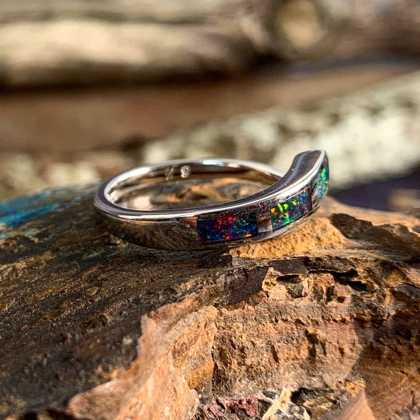 Sterling Silver cross over inlay opal ring - Masterpiece Jewellery Opal & Gems Sydney Australia | Online Shop