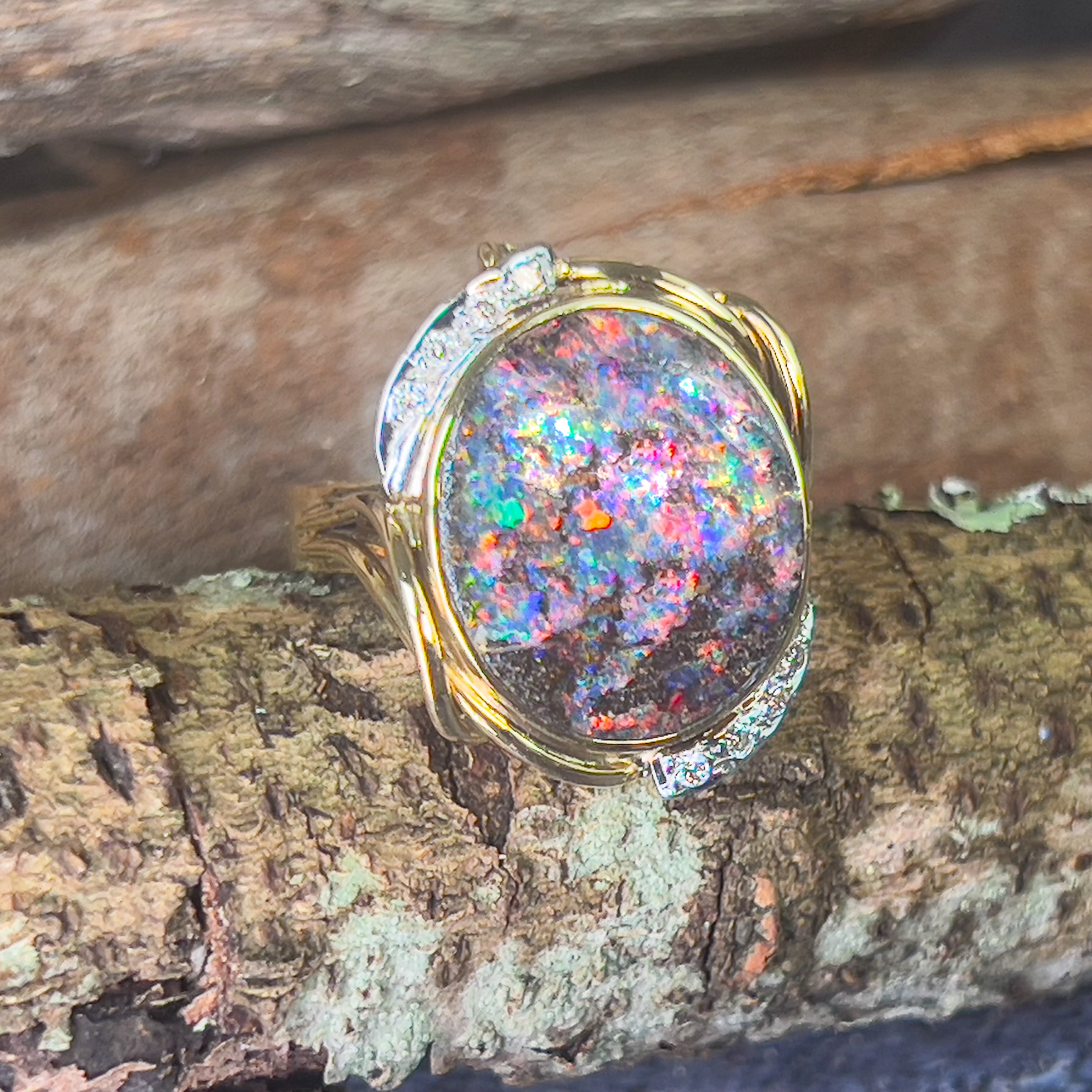 18kt Yellow Gold Boulder Opal 6.77ct and diamond ring - Masterpiece Jewellery Opal & Gems Sydney Australia | Online Shop