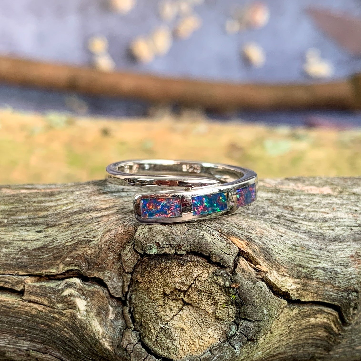 Sterling Silver cross over inlay opal ring - Masterpiece Jewellery Opal & Gems Sydney Australia | Online Shop