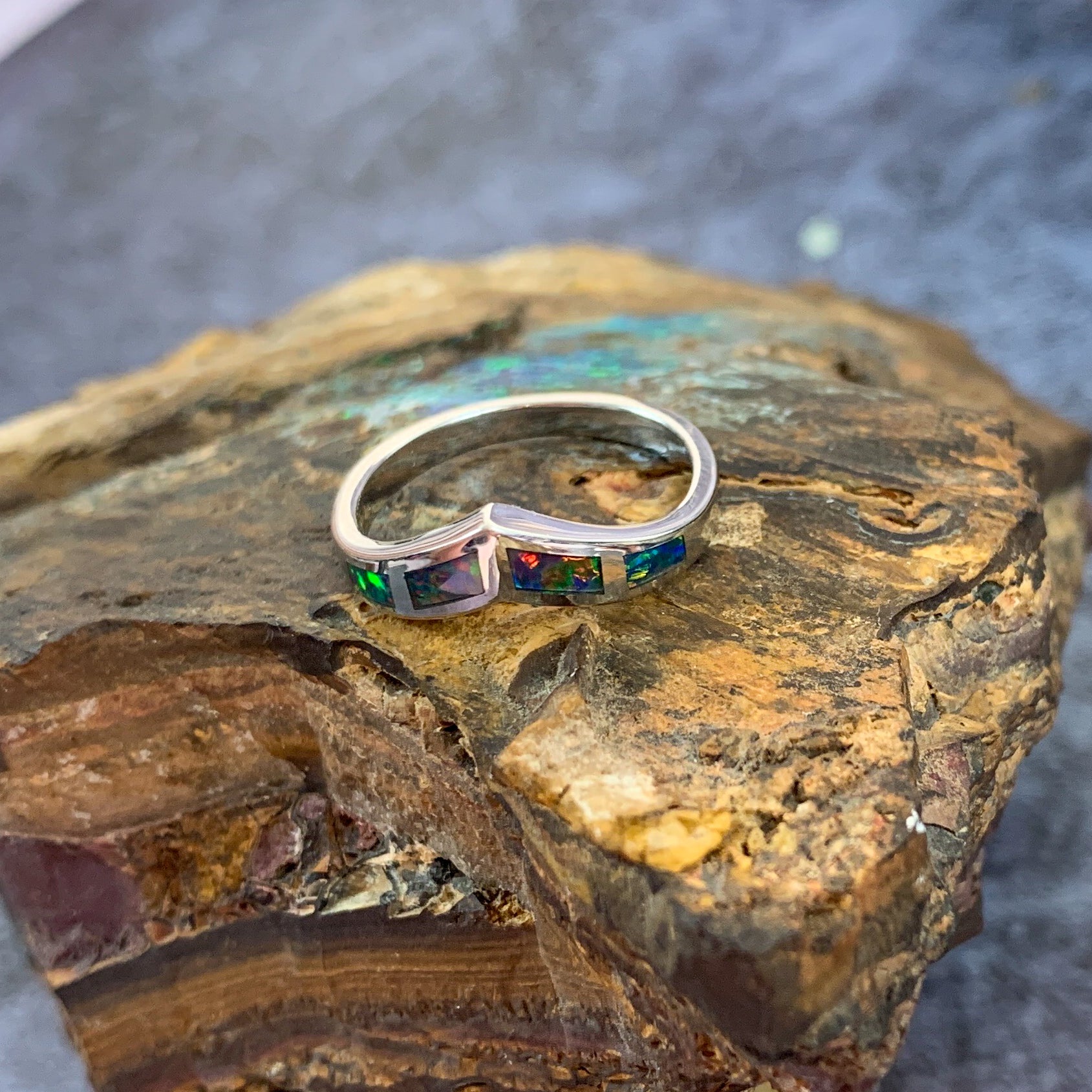 Sterling Silver V-shape inlay Opal band - Masterpiece Jewellery Opal & Gems Sydney Australia | Online Shop