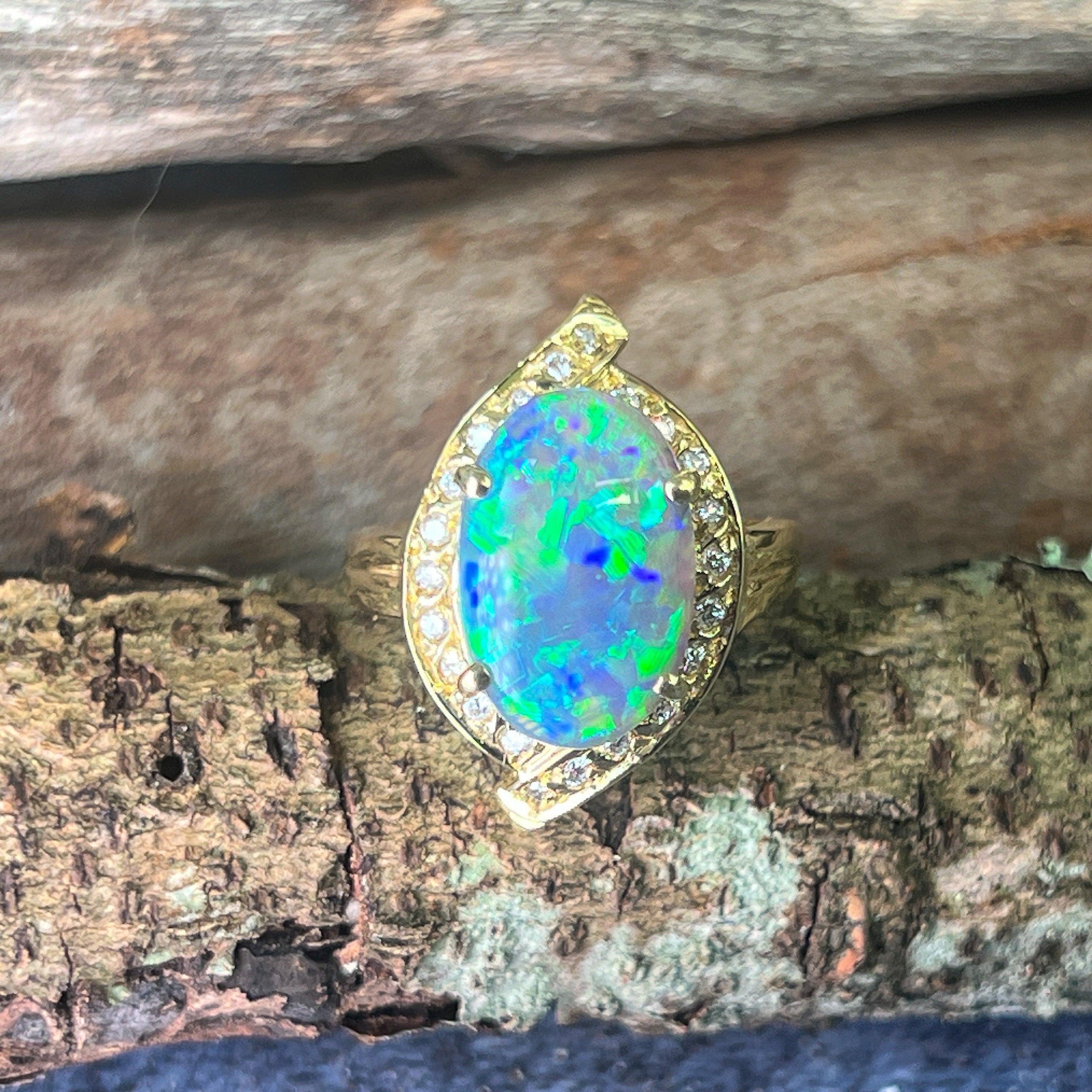 18kt Yellow Gold Black Opal 4ct Green Blue and diamond ring - Masterpiece Jewellery Opal & Gems Sydney Australia | Online Shop