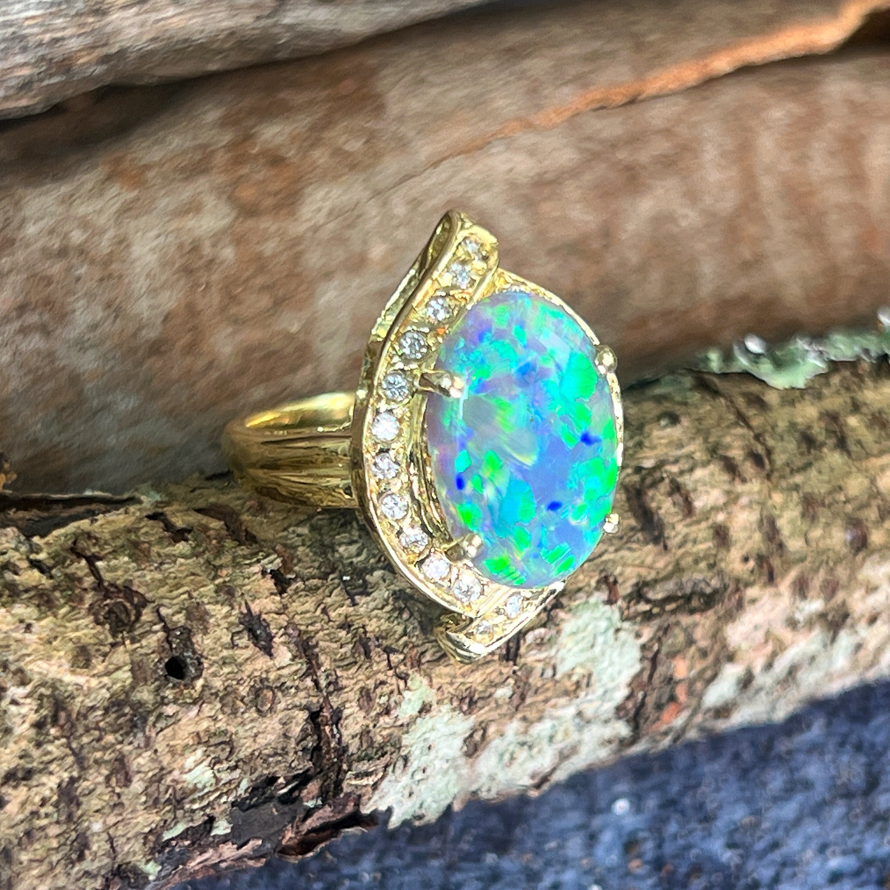 18kt Yellow Gold Black Opal 4ct Green Blue and diamond ring - Masterpiece Jewellery Opal & Gems Sydney Australia | Online Shop