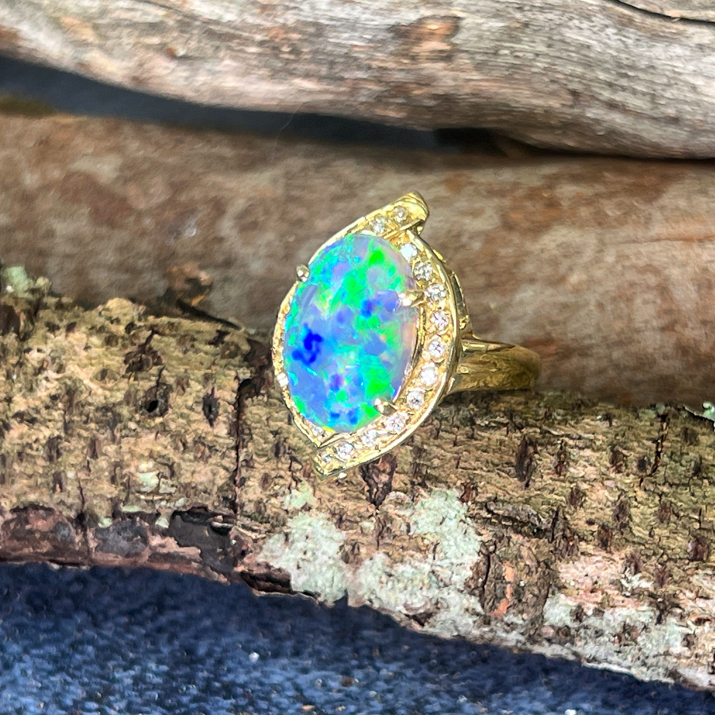 18kt Yellow Gold Black Opal 4ct Green Blue and diamond ring - Masterpiece Jewellery Opal & Gems Sydney Australia | Online Shop