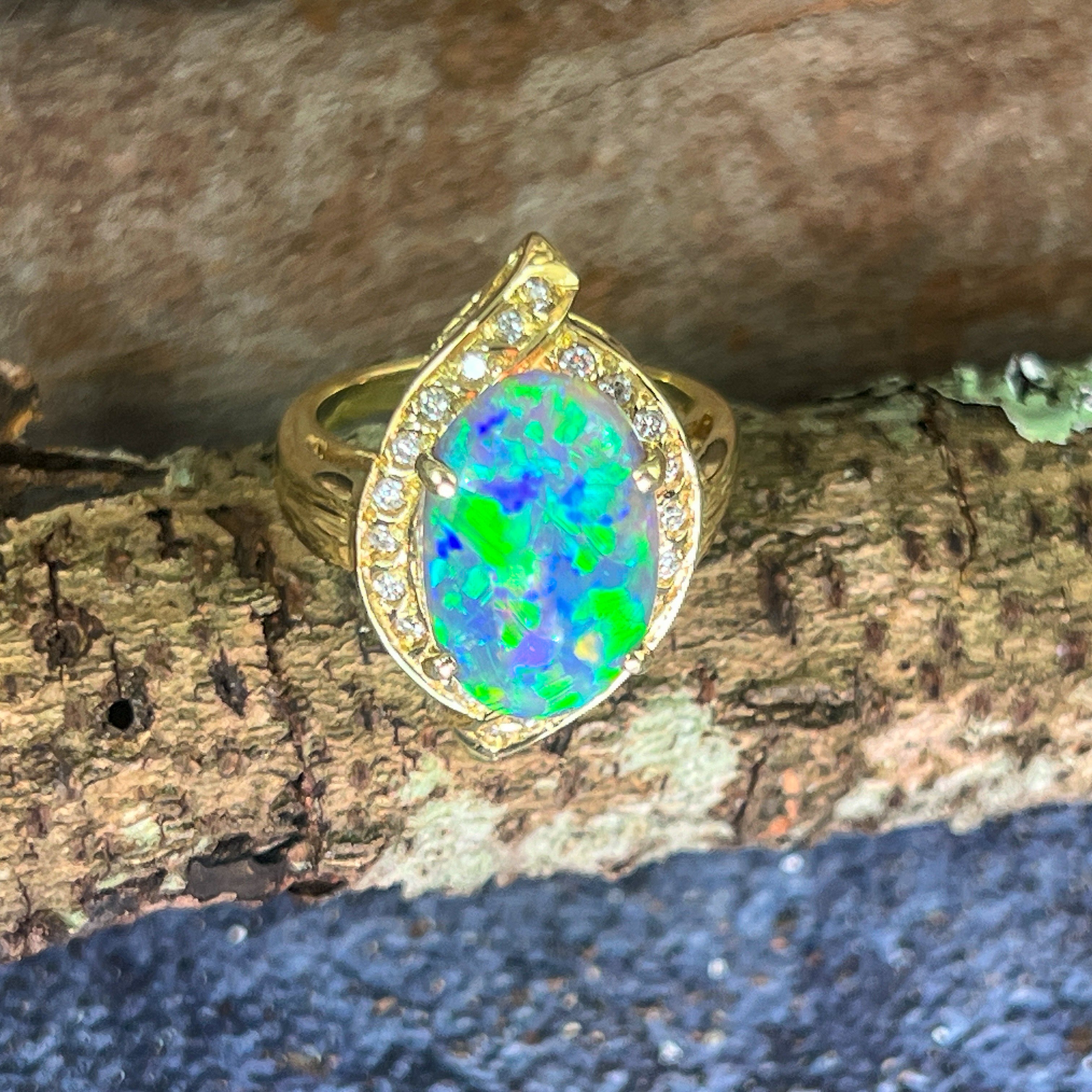 18kt Yellow Gold Black Opal 4ct Green Blue and diamond ring - Masterpiece Jewellery Opal & Gems Sydney Australia | Online Shop