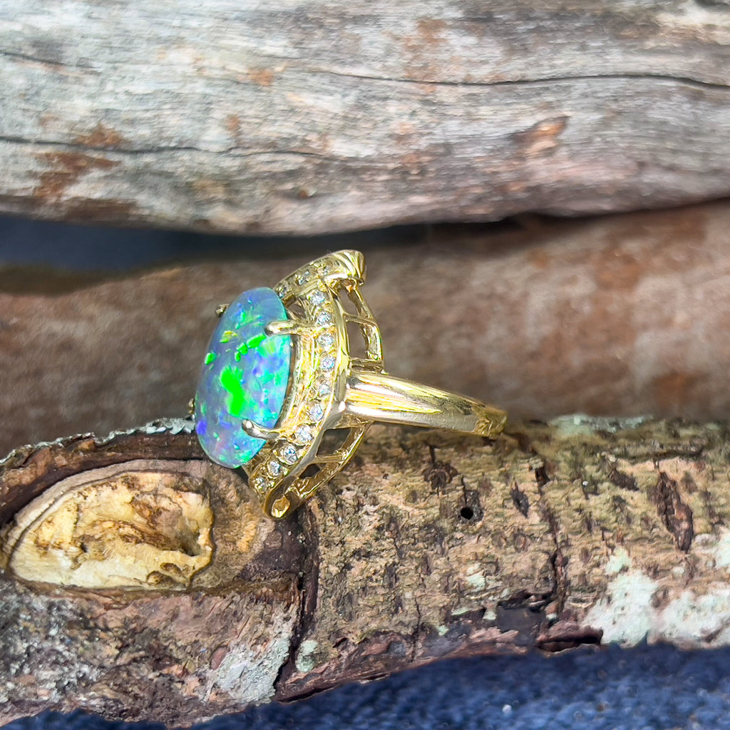 18kt Yellow Gold Black Opal 4ct Green Blue and diamond ring - Masterpiece Jewellery Opal & Gems Sydney Australia | Online Shop
