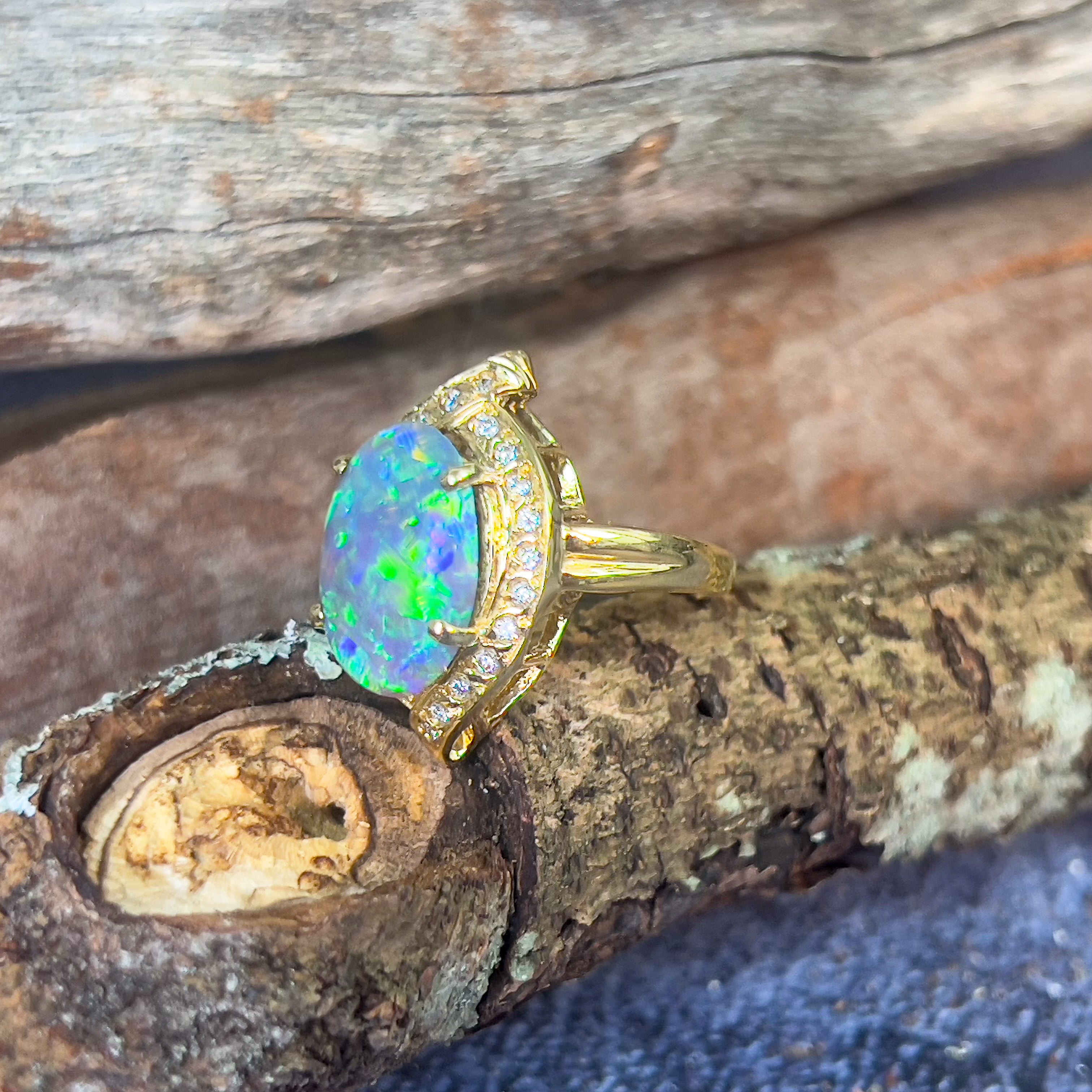 18kt Yellow Gold Black Opal 4ct Green Blue and diamond ring - Masterpiece Jewellery Opal & Gems Sydney Australia | Online Shop