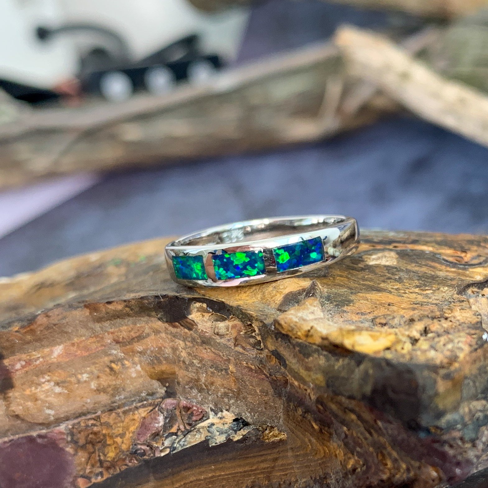 Silver Opal inlay straight band ring - Masterpiece Jewellery Opal & Gems Sydney Australia | Online Shop