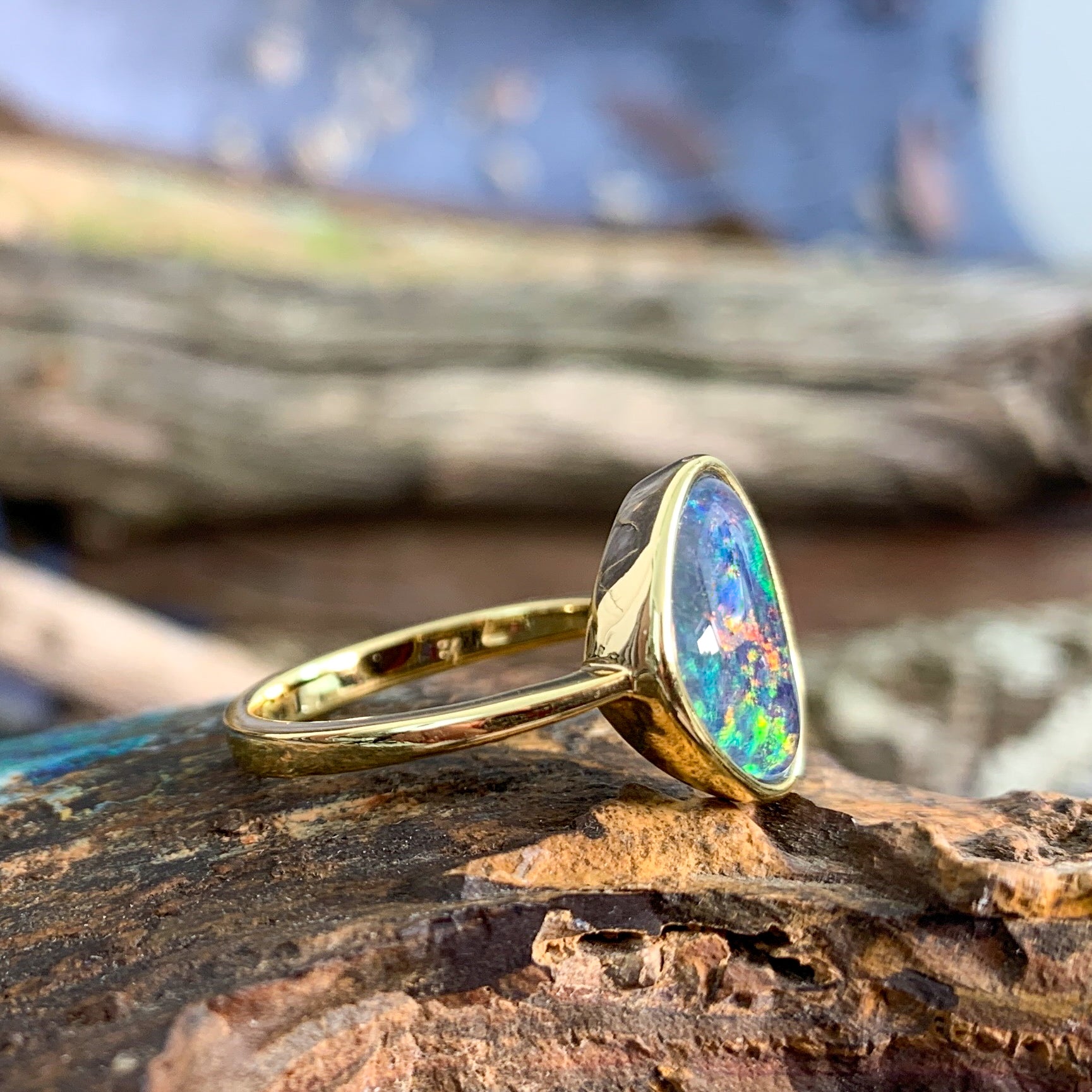 Gold plated silver solitaire Opal Triplet ring - Masterpiece Jewellery Opal & Gems Sydney Australia | Online Shop
