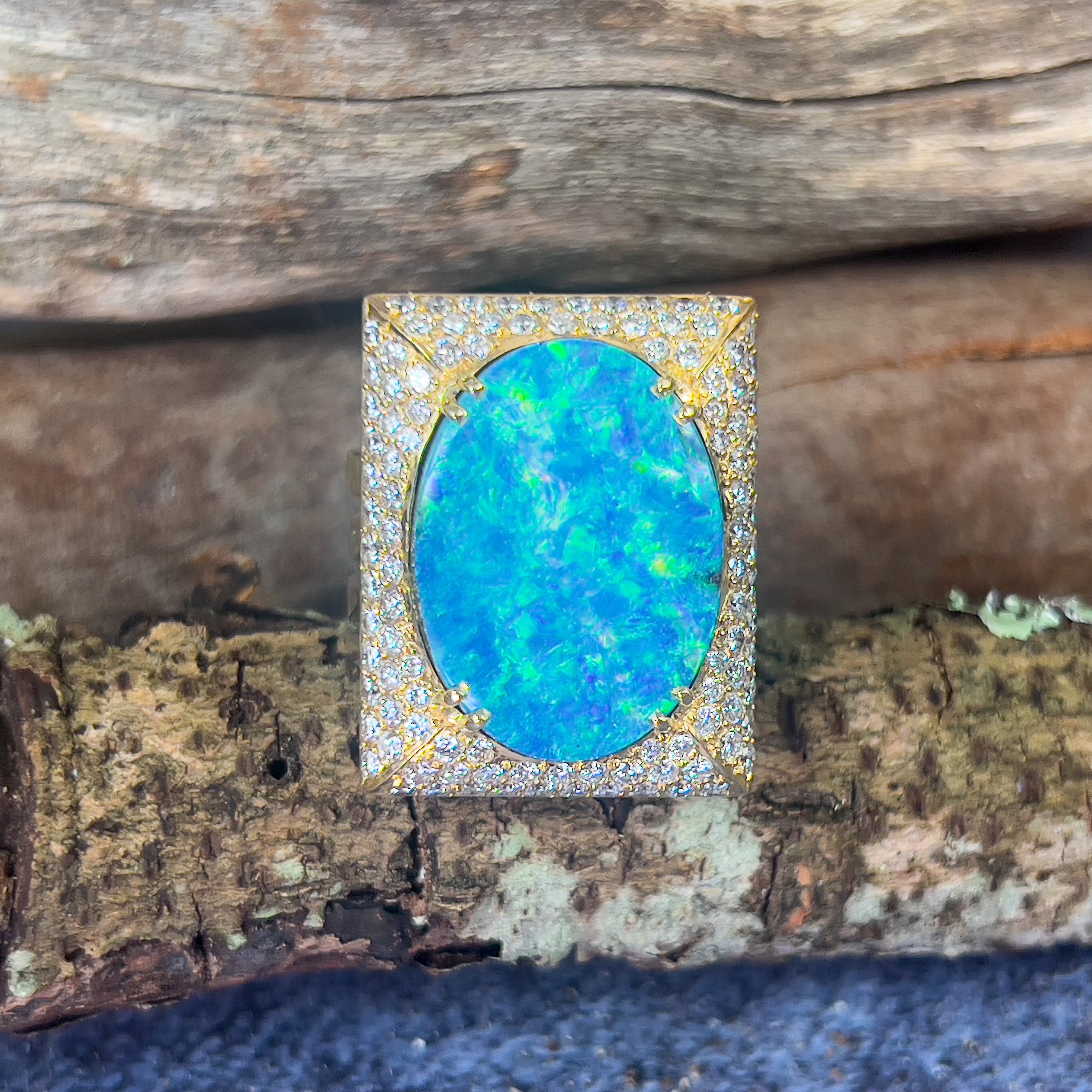 18kt Yellow Gold Boulder Opal 18.13ct and 2.13ct Diamond designer cluster ring - Masterpiece Jewellery Opal & Gems Sydney Australia | Online Shop