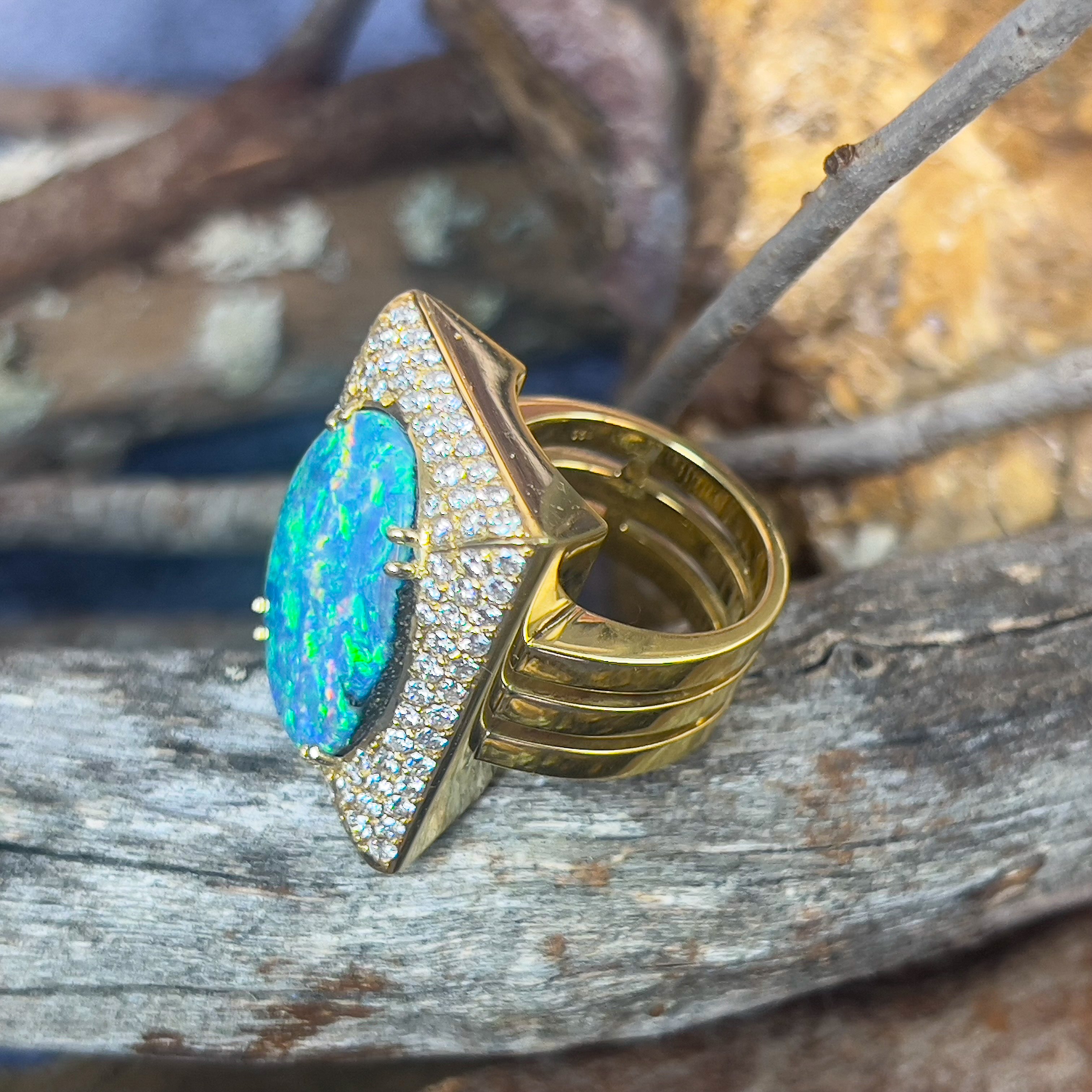 18kt Yellow Gold Boulder Opal 18.13ct and 2.13ct Diamond designer cluster ring - Masterpiece Jewellery Opal & Gems Sydney Australia | Online Shop