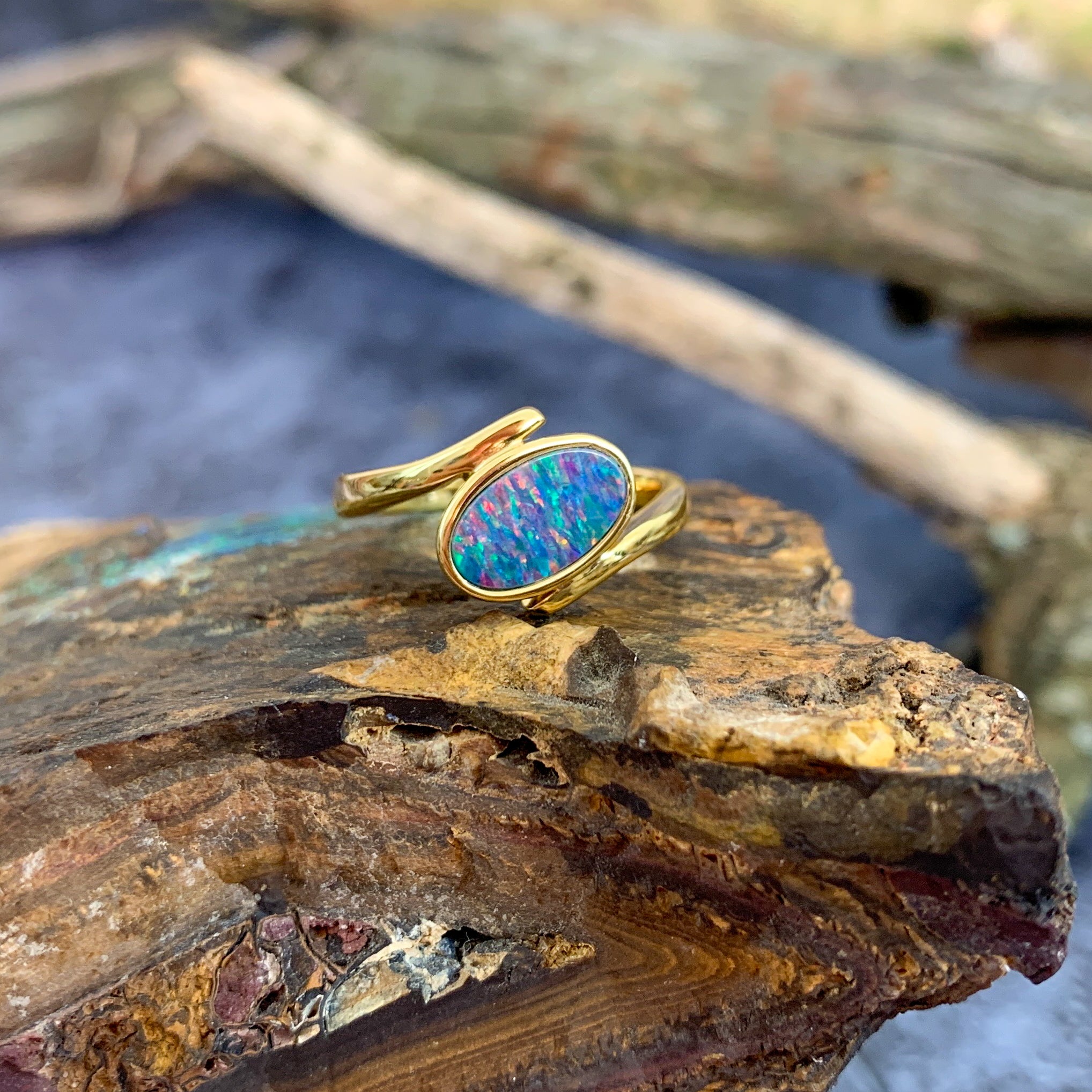 Gold plate sterling silver oval shape opal doublet ring - Masterpiece Jewellery Opal & Gems Sydney Australia | Online Shop