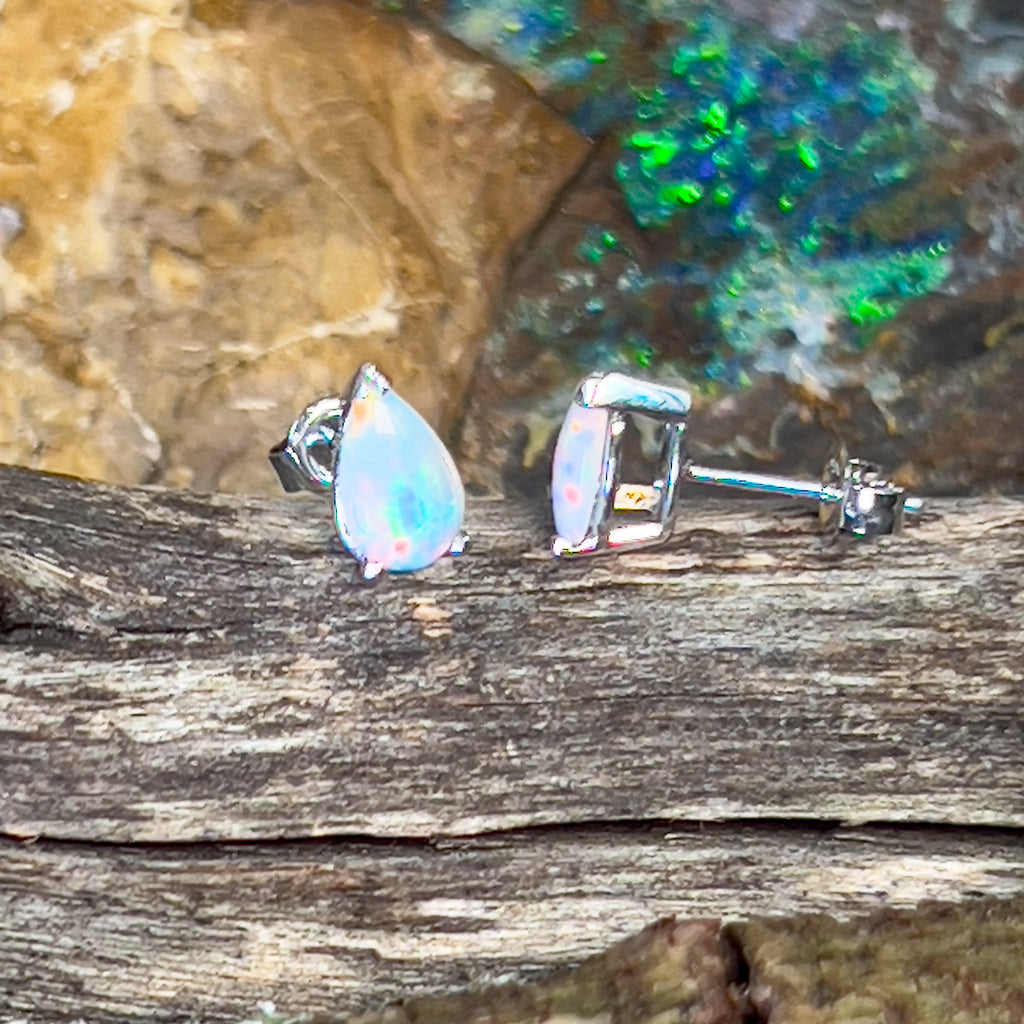 14kt White Gold pear shape 8x5mm Opal studs - Masterpiece Jewellery Opal & Gems Sydney Australia | Online Shop