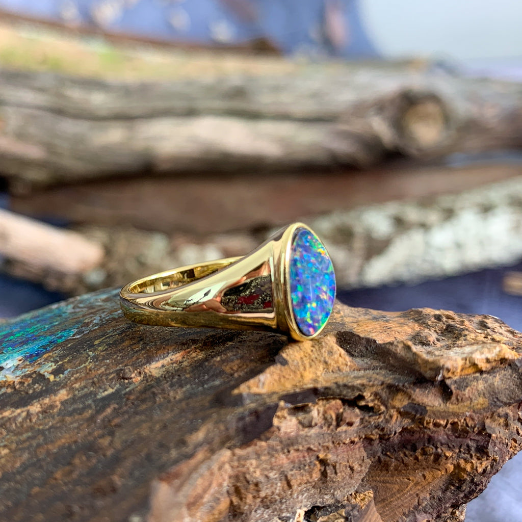 Gold plated Opal doublet solid shank ring signet style - Masterpiece Jewellery Opal & Gems Sydney Australia | Online Shop