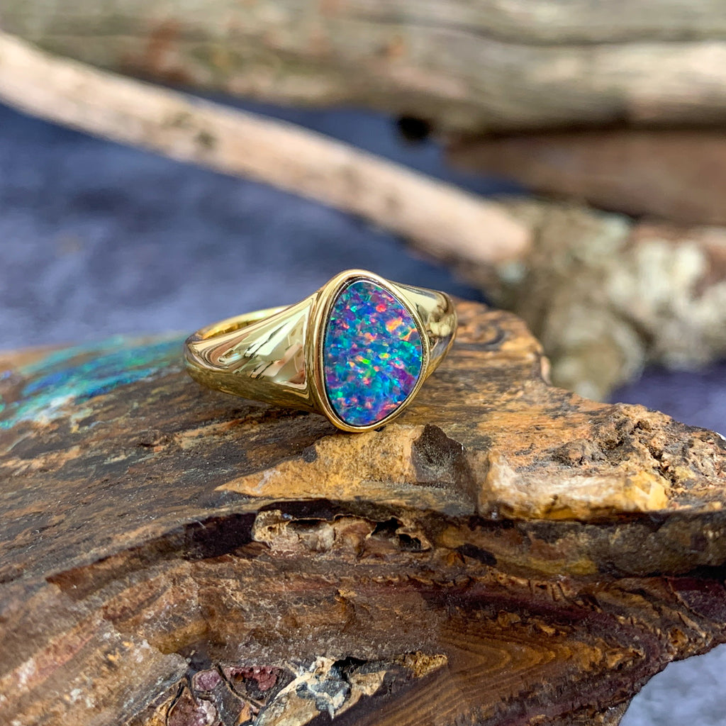 Gold plated Opal doublet solid shank ring signet style - Masterpiece Jewellery Opal & Gems Sydney Australia | Online Shop