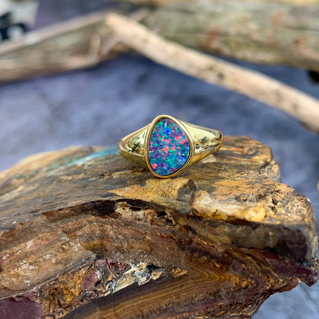 Gold plated Opal doublet solid shank ring signet style - Masterpiece Jewellery Opal & Gems Sydney Australia | Online Shop