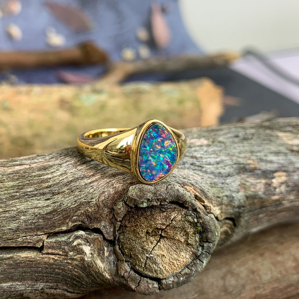Gold plated Opal doublet solid shank ring signet style - Masterpiece Jewellery Opal & Gems Sydney Australia | Online Shop