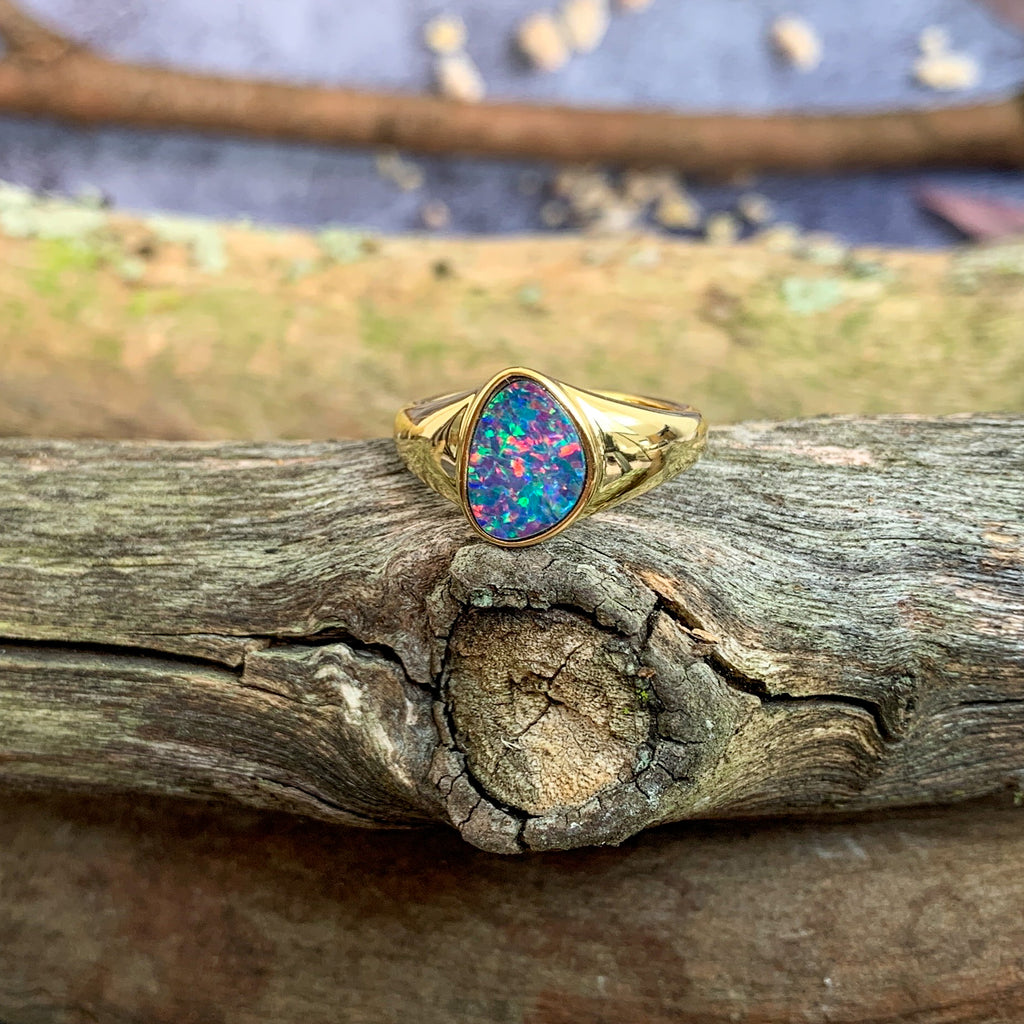 Gold plated Opal doublet solid shank ring signet style - Masterpiece Jewellery Opal & Gems Sydney Australia | Online Shop