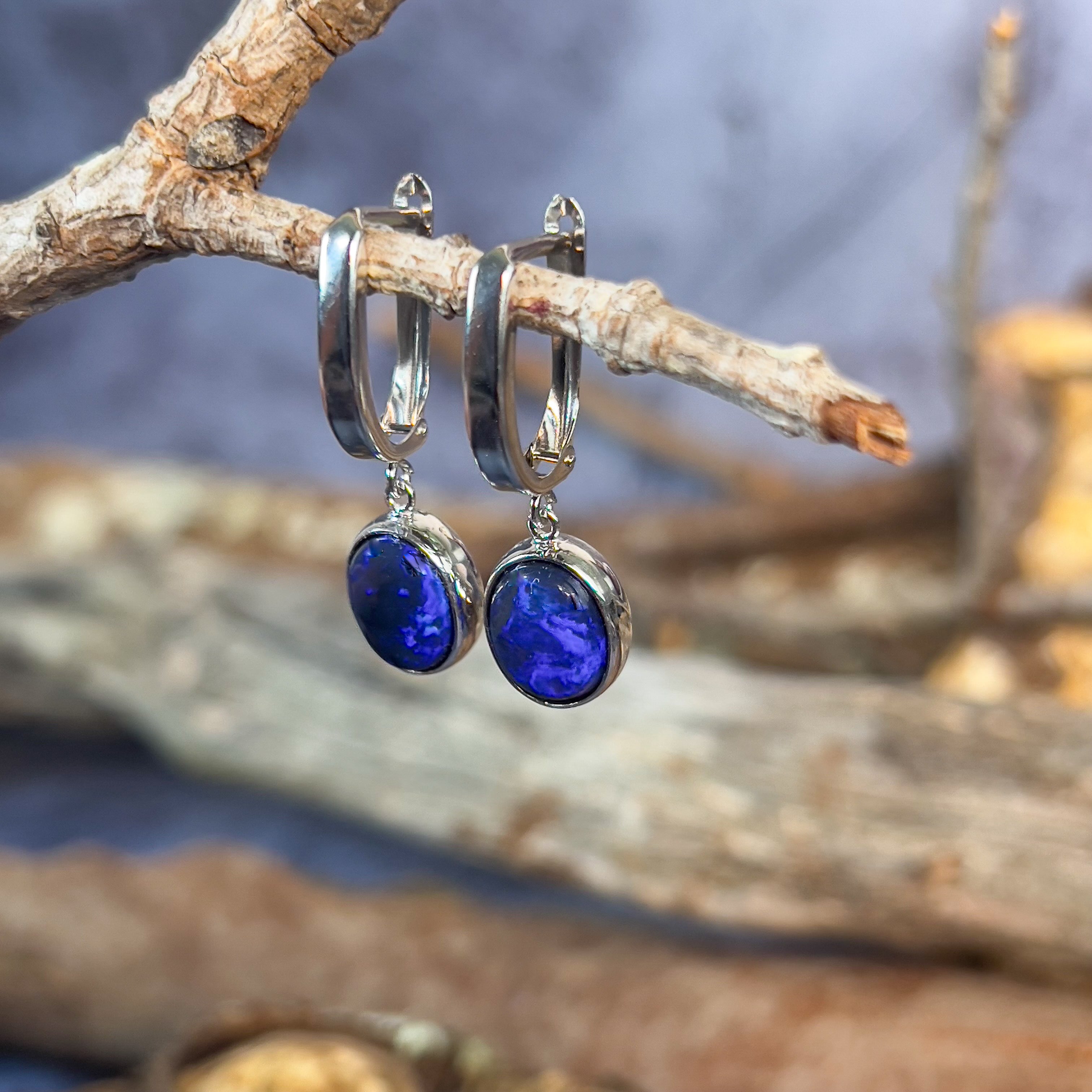 One pair of 14kt White Gold black opal huggie earrings dangling Masterpiece Jewellery Opal Gems Sydney Australia Online Shop