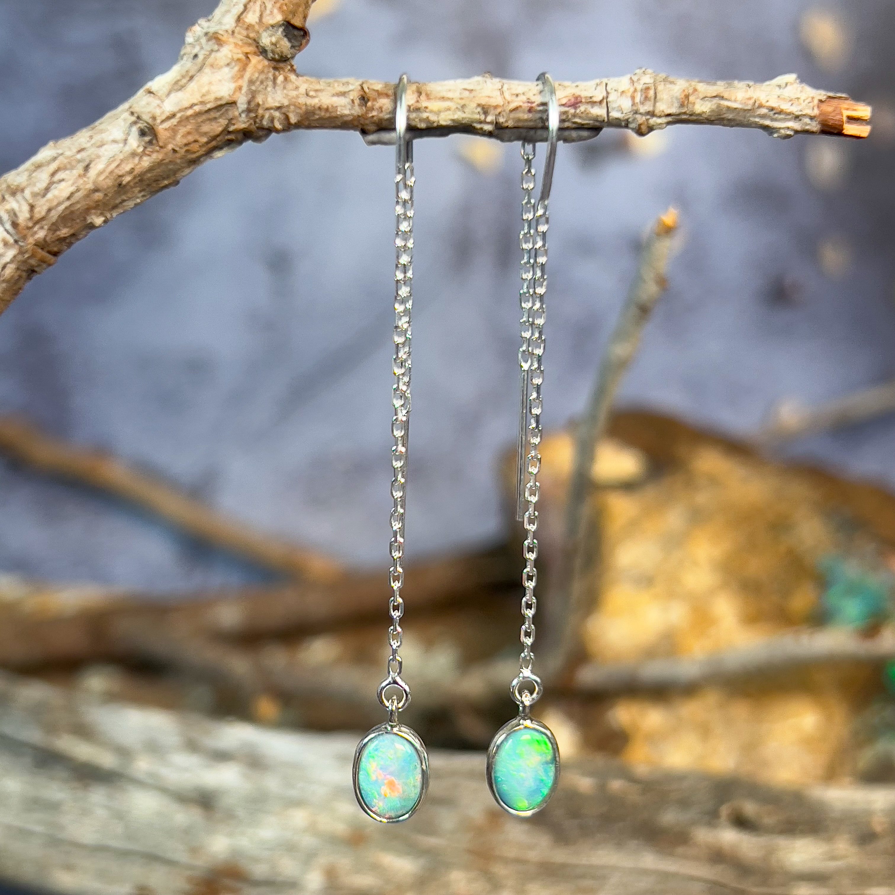 Sterling Silver thread through Opal dangling earrings - Masterpiece Jewellery Opal & Gems Sydney Australia | Online Shop