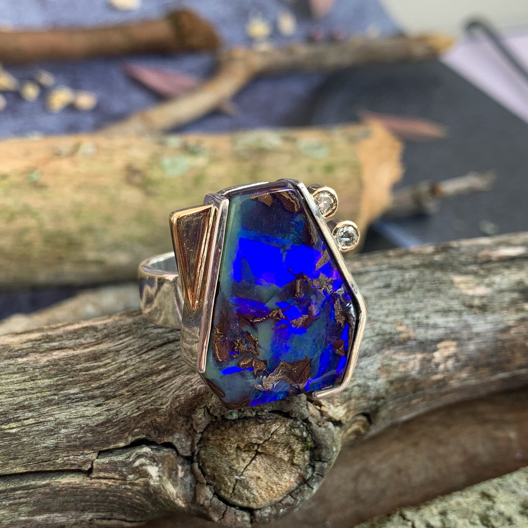 Sterling Silver and 9k Yellow Gold Boulder Opal ring - Masterpiece Jewellery Opal & Gems Sydney Australia | Online Shop