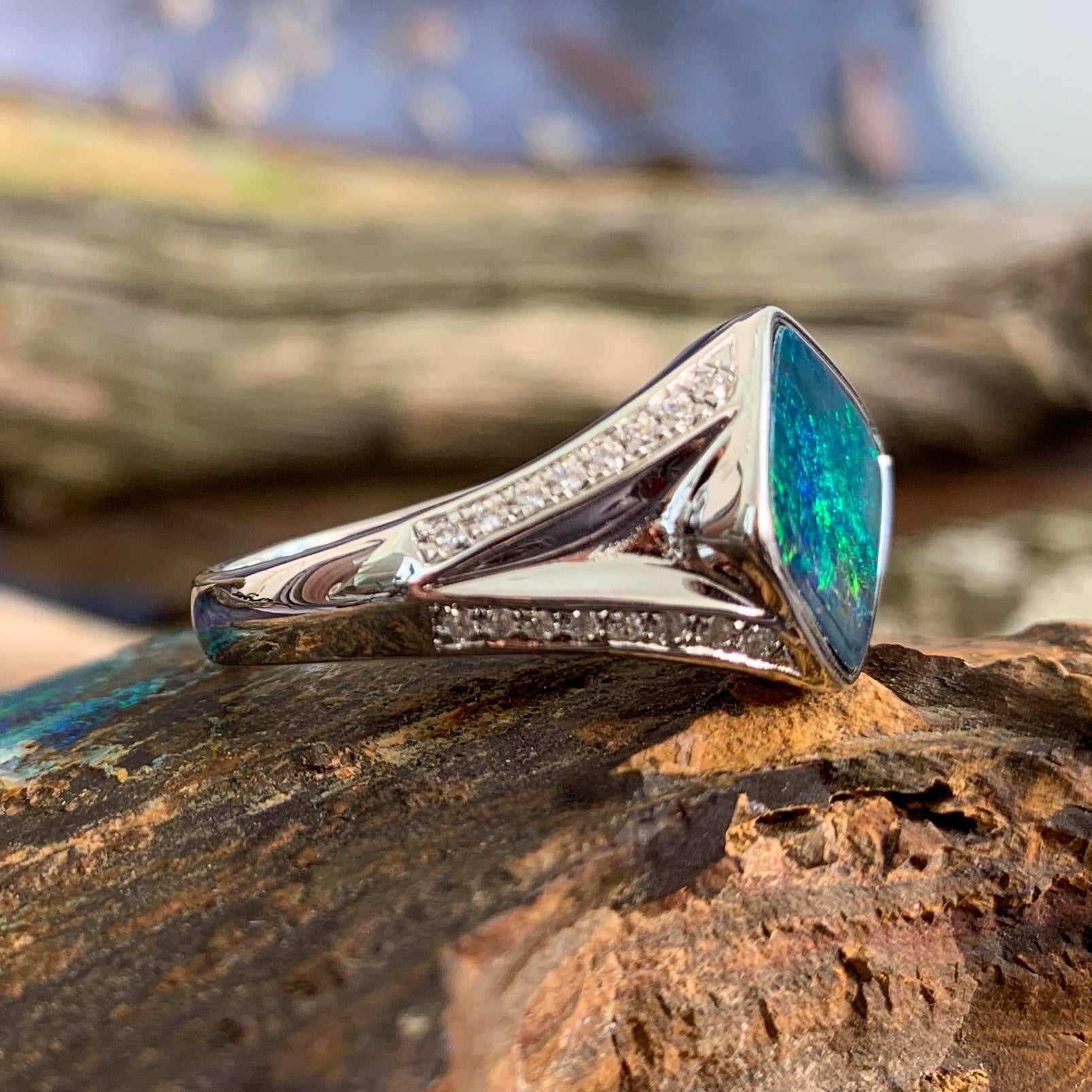 Sterling Silver Opal doublet and cubic zirconia broad ring - Masterpiece Jewellery Opal & Gems Sydney Australia | Online Shop