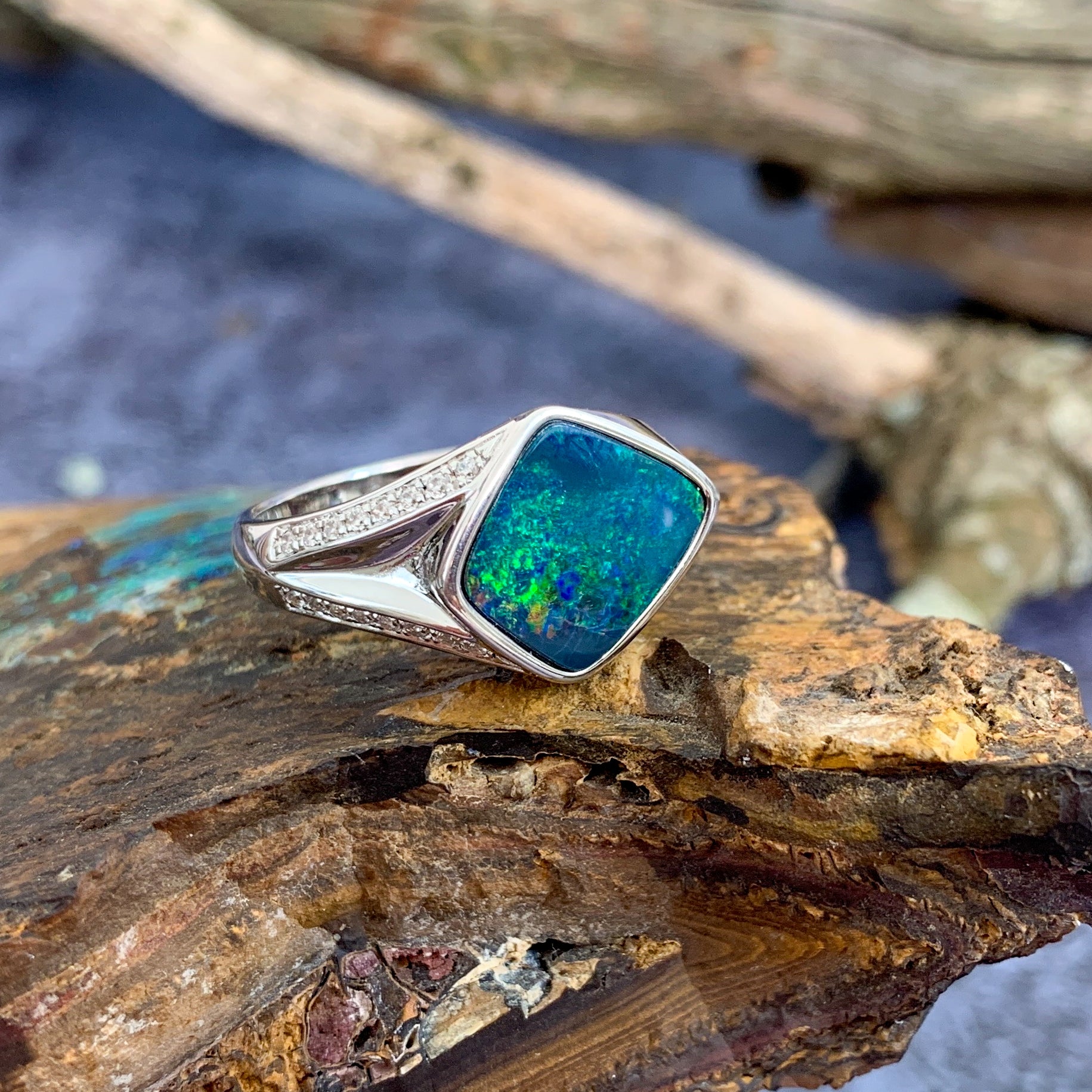 Sterling Silver Opal doublet and cubic zirconia broad ring - Masterpiece Jewellery Opal & Gems Sydney Australia | Online Shop