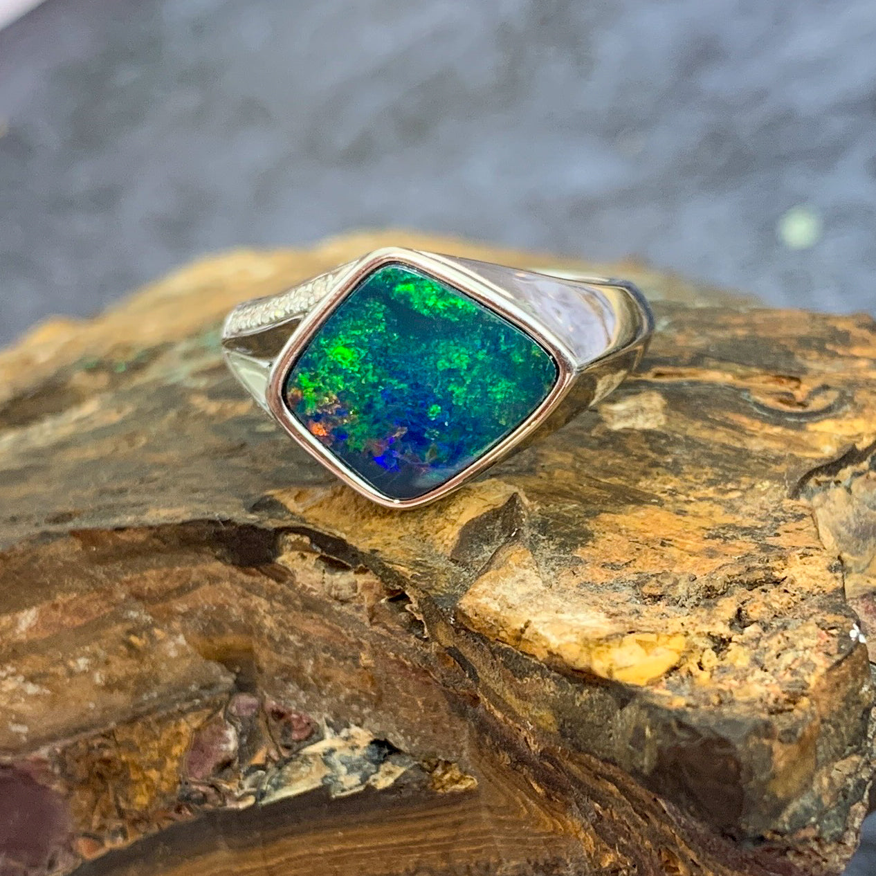 Sterling Silver Opal doublet and cubic zirconia broad ring - Masterpiece Jewellery Opal & Gems Sydney Australia | Online Shop